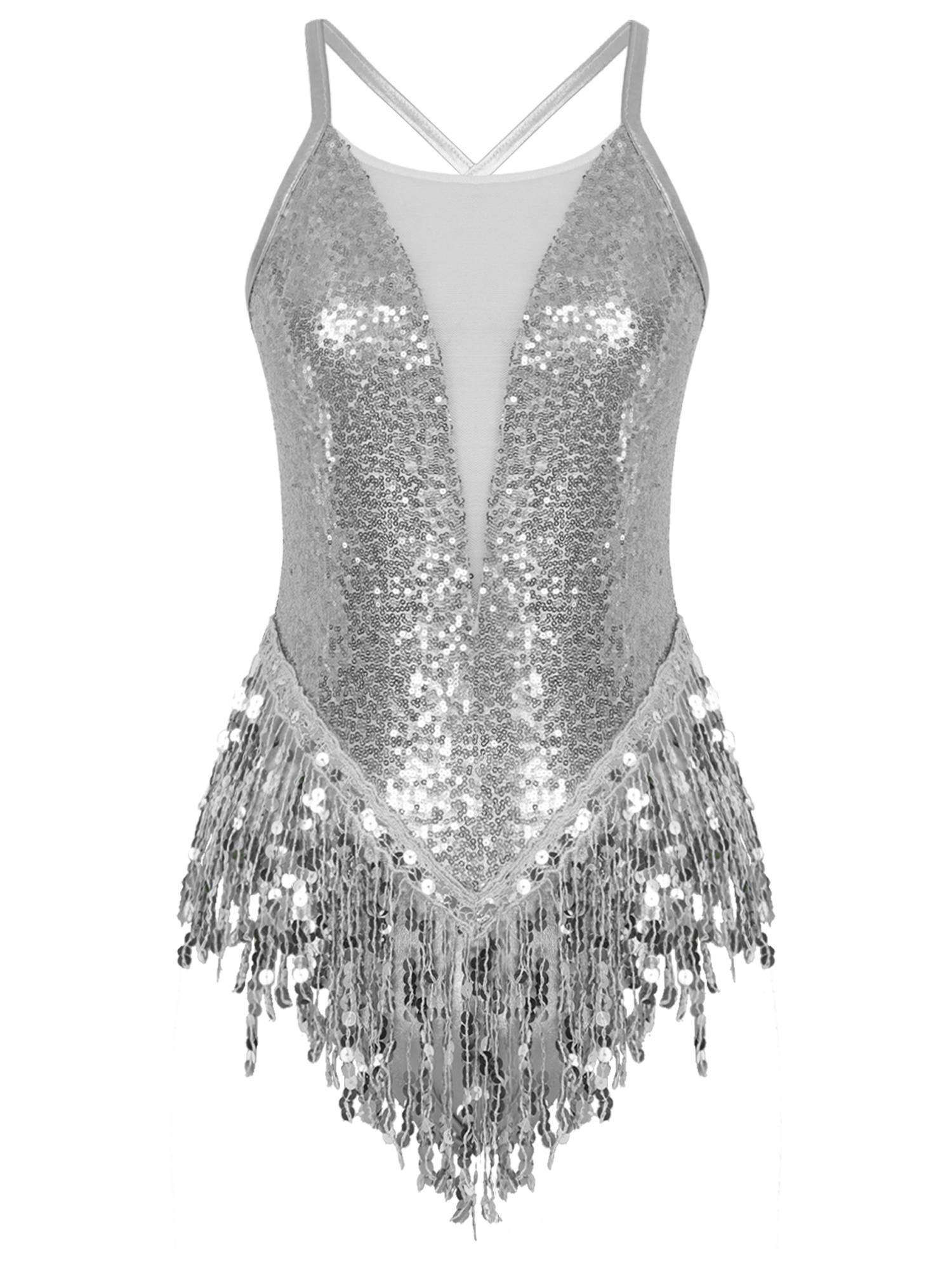 Women Sparkling Sequin Tassel Latin Dance Leotard