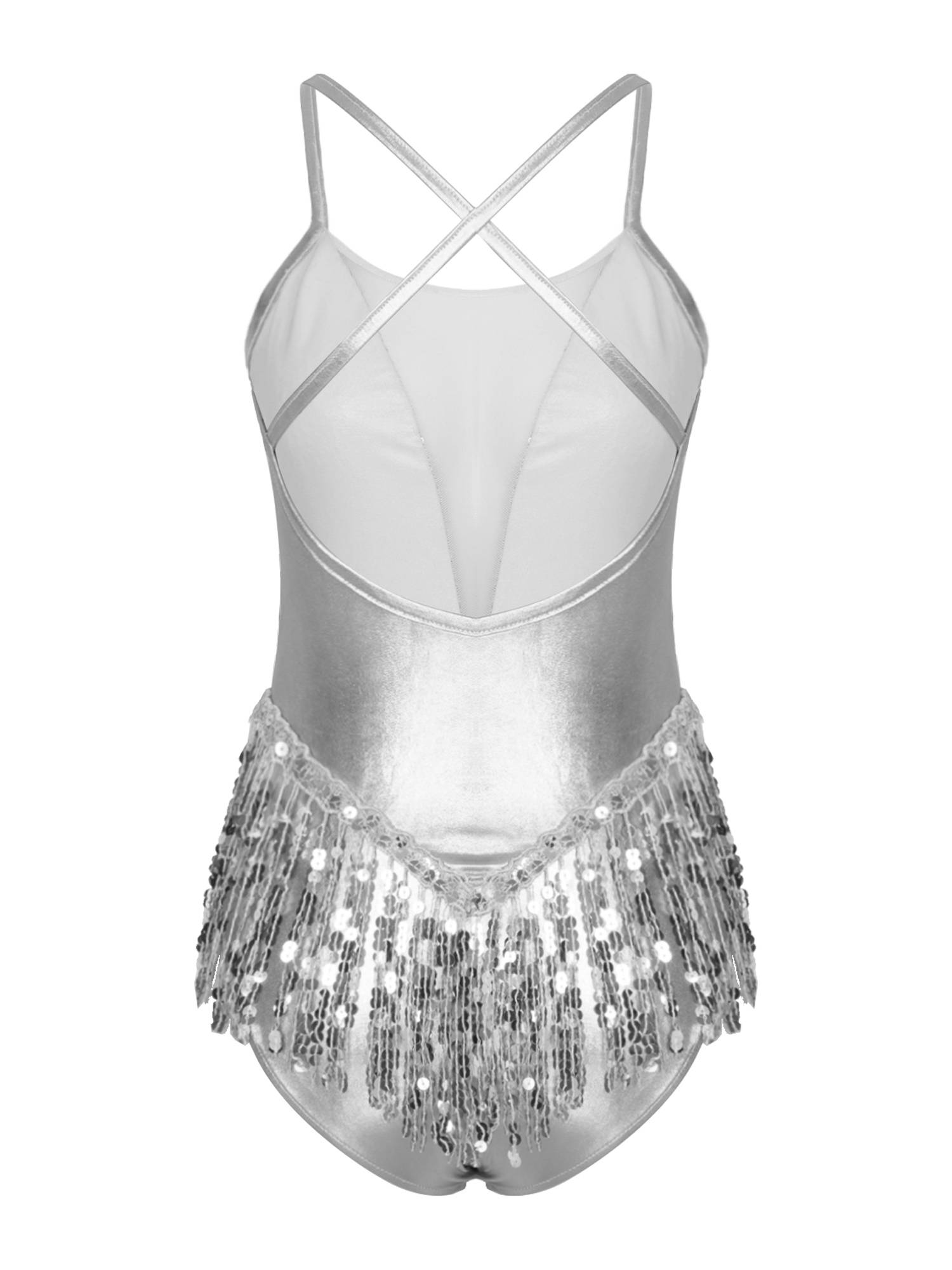 Women Sparkling Sequin Tassel Latin Dance Leotard