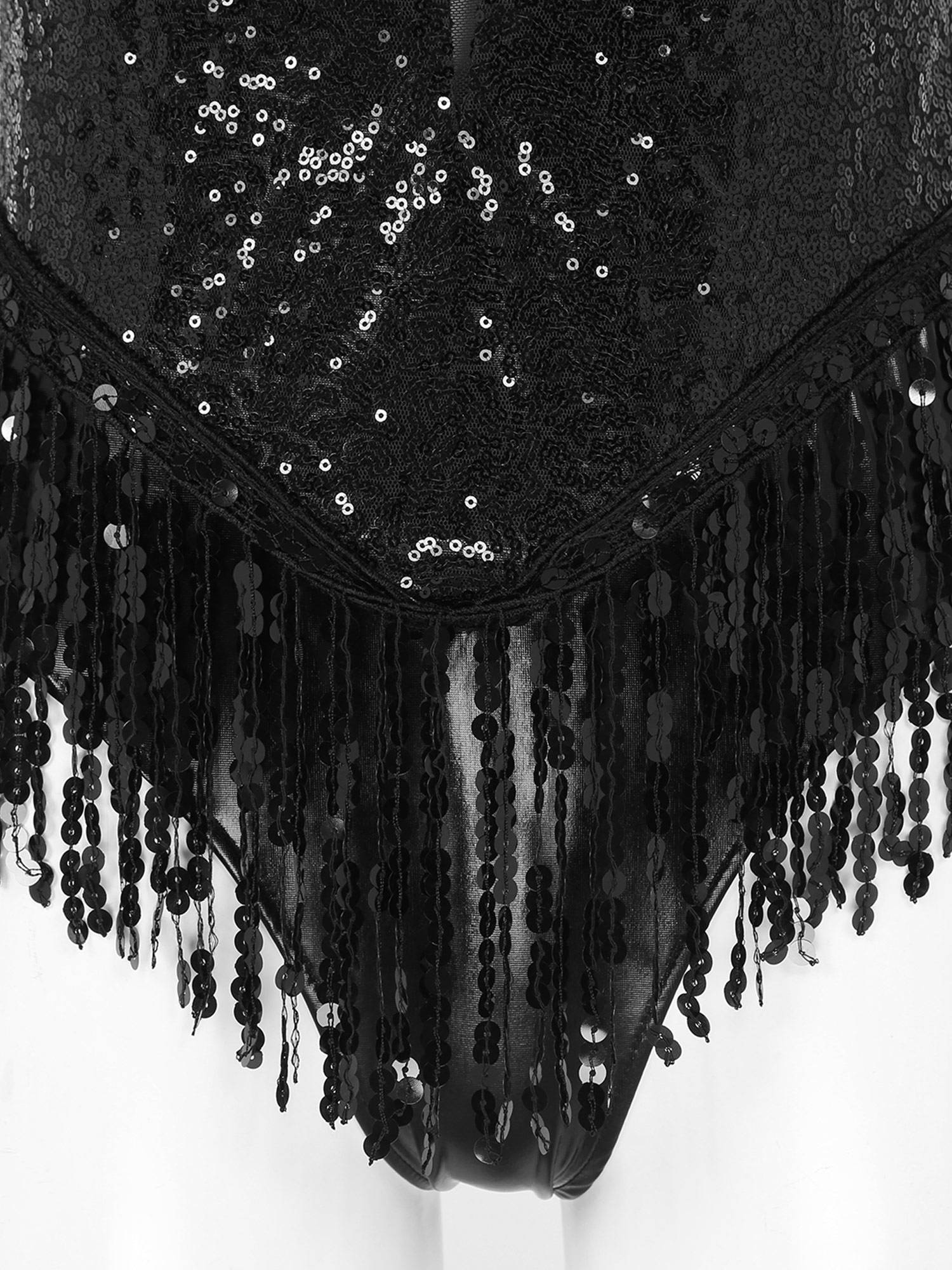 Women Sparkling Sequin Tassel Latin Dance Leotard