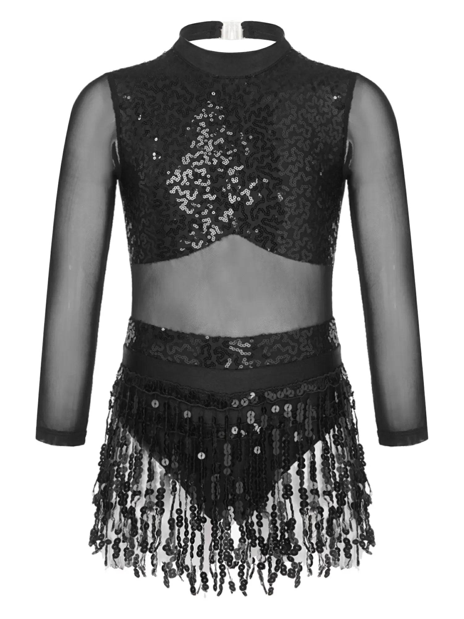 Kids Girls Long Sleeve Sequins Hollow Back Tassel Latin Dance Dress