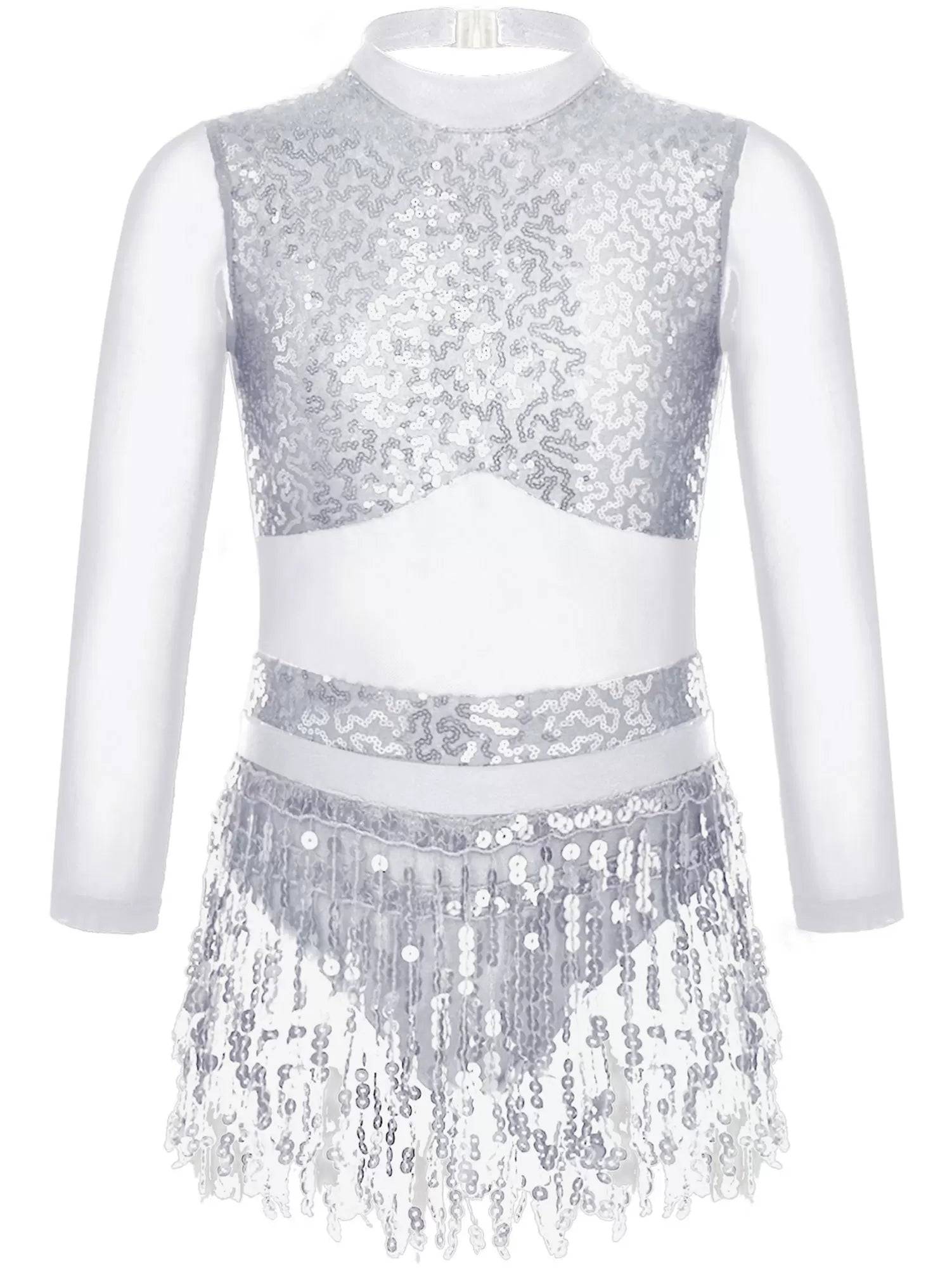 Kids Girls Long Sleeve Sequins Hollow Back Tassel Latin Dance Dress