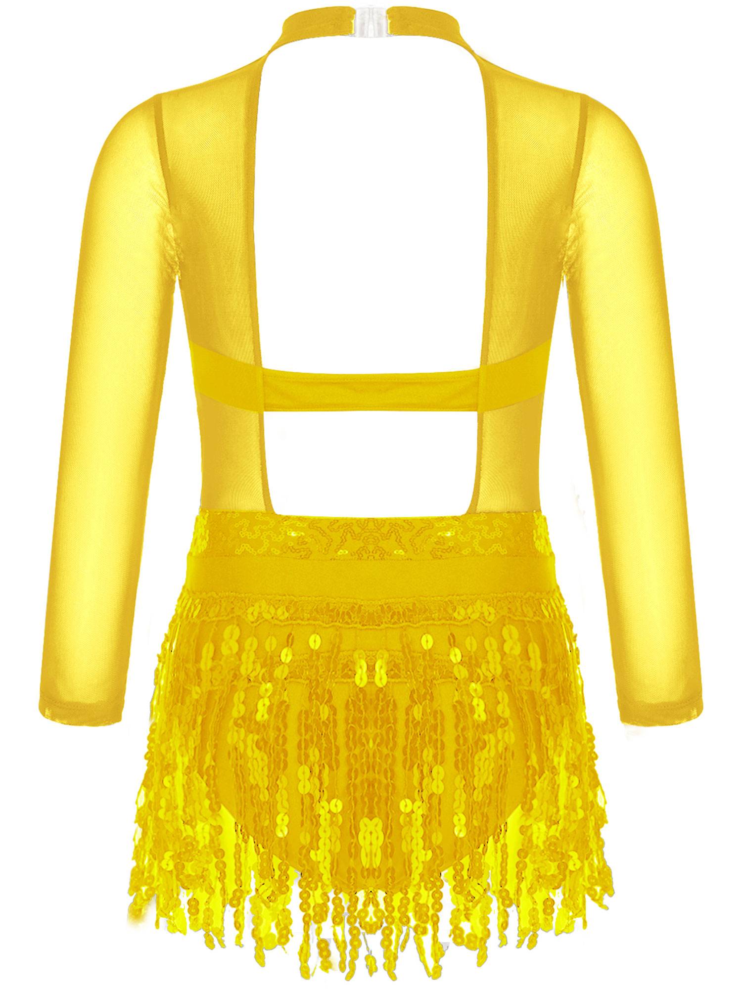 Kids Girls Long Sleeve Sequins Hollow Back Tassel Latin Dance Dress