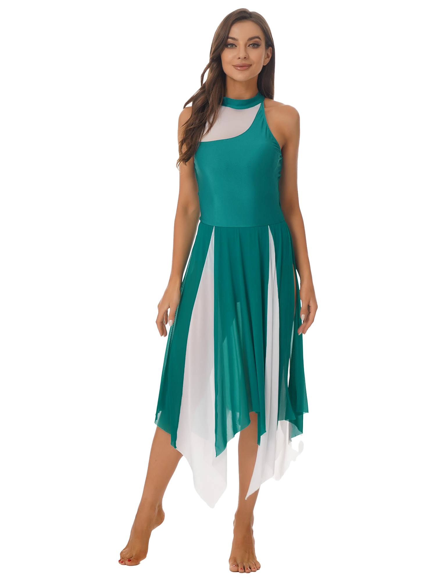 Women Sleeveless Color Block Halter Neck Lyrical Dance Dresses