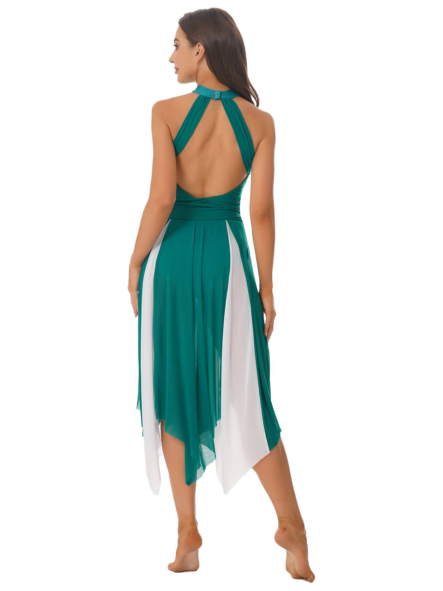 Women Sleeveless Color Block Halter Neck Lyrical Dance Dresses