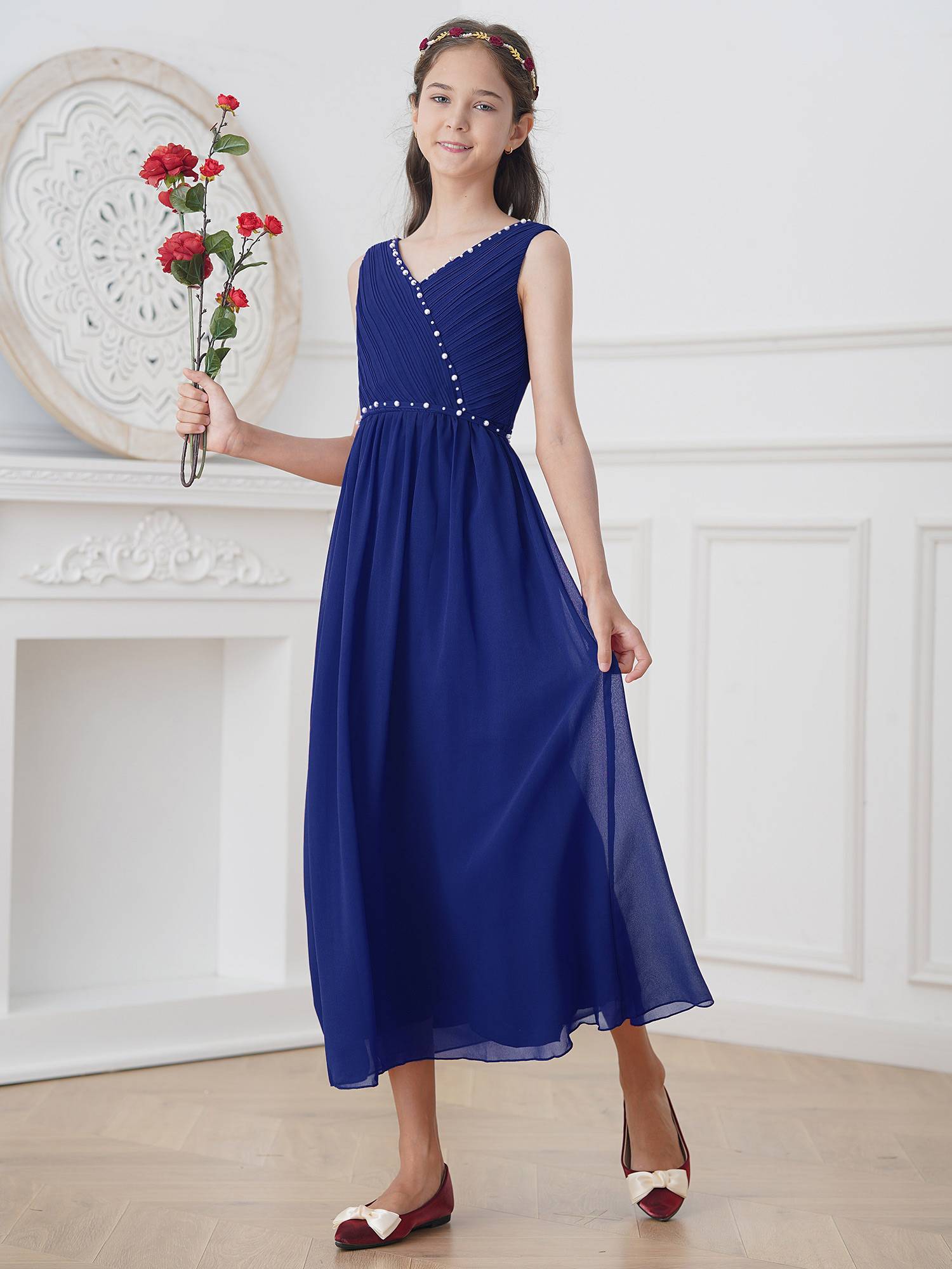 Kids Girls Beaded V Neck Chiffon Party Dress