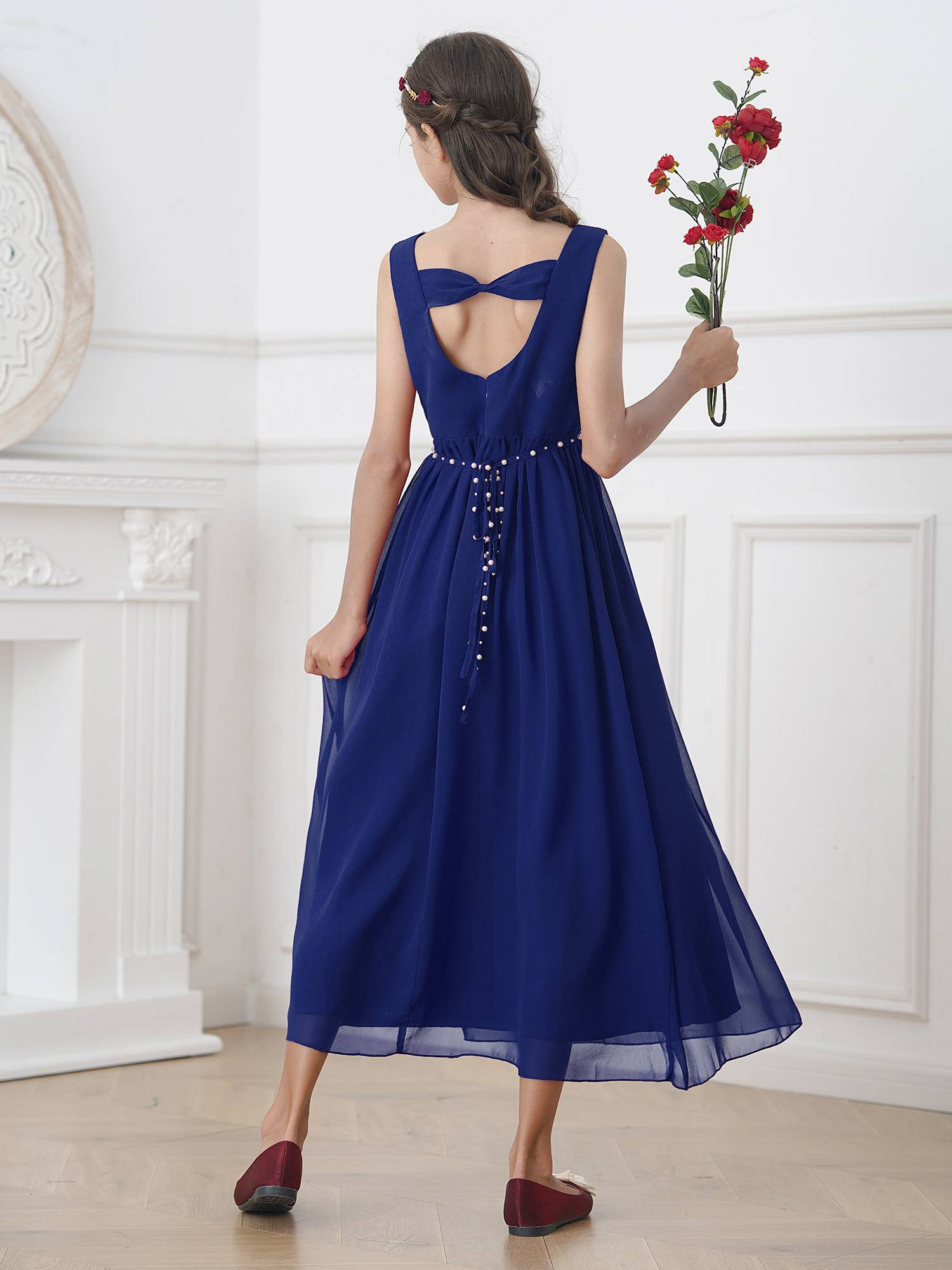 Kids Girls Beaded V Neck Chiffon Party Dress