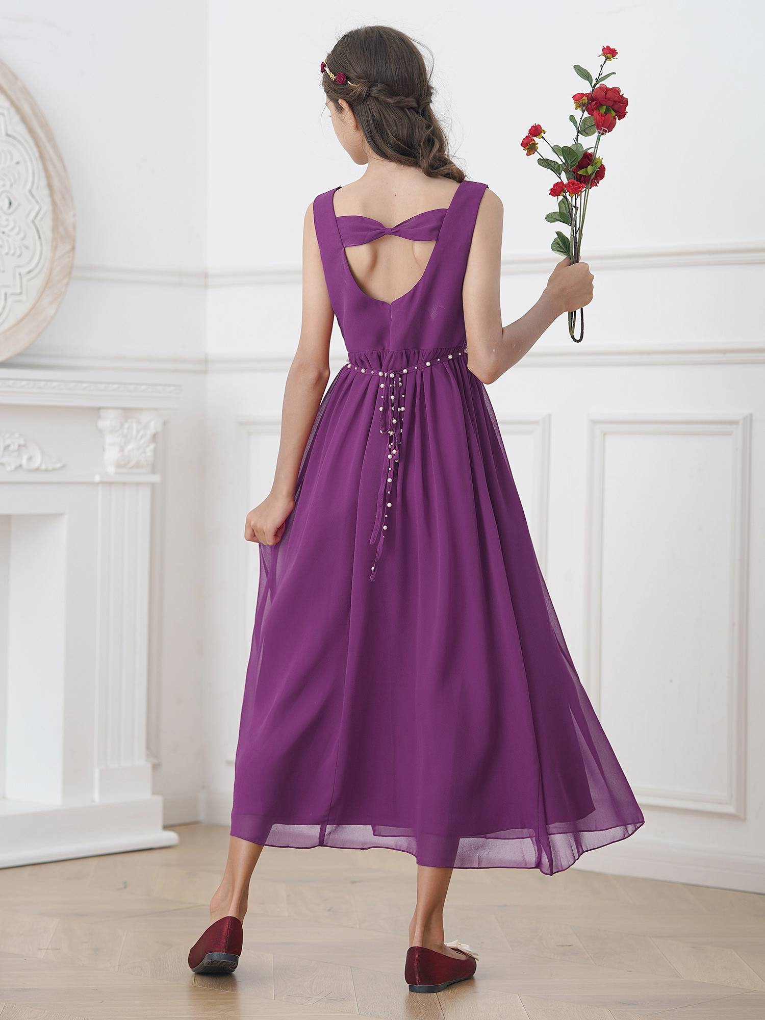 Kids Girls Beaded V Neck Chiffon Party Dress