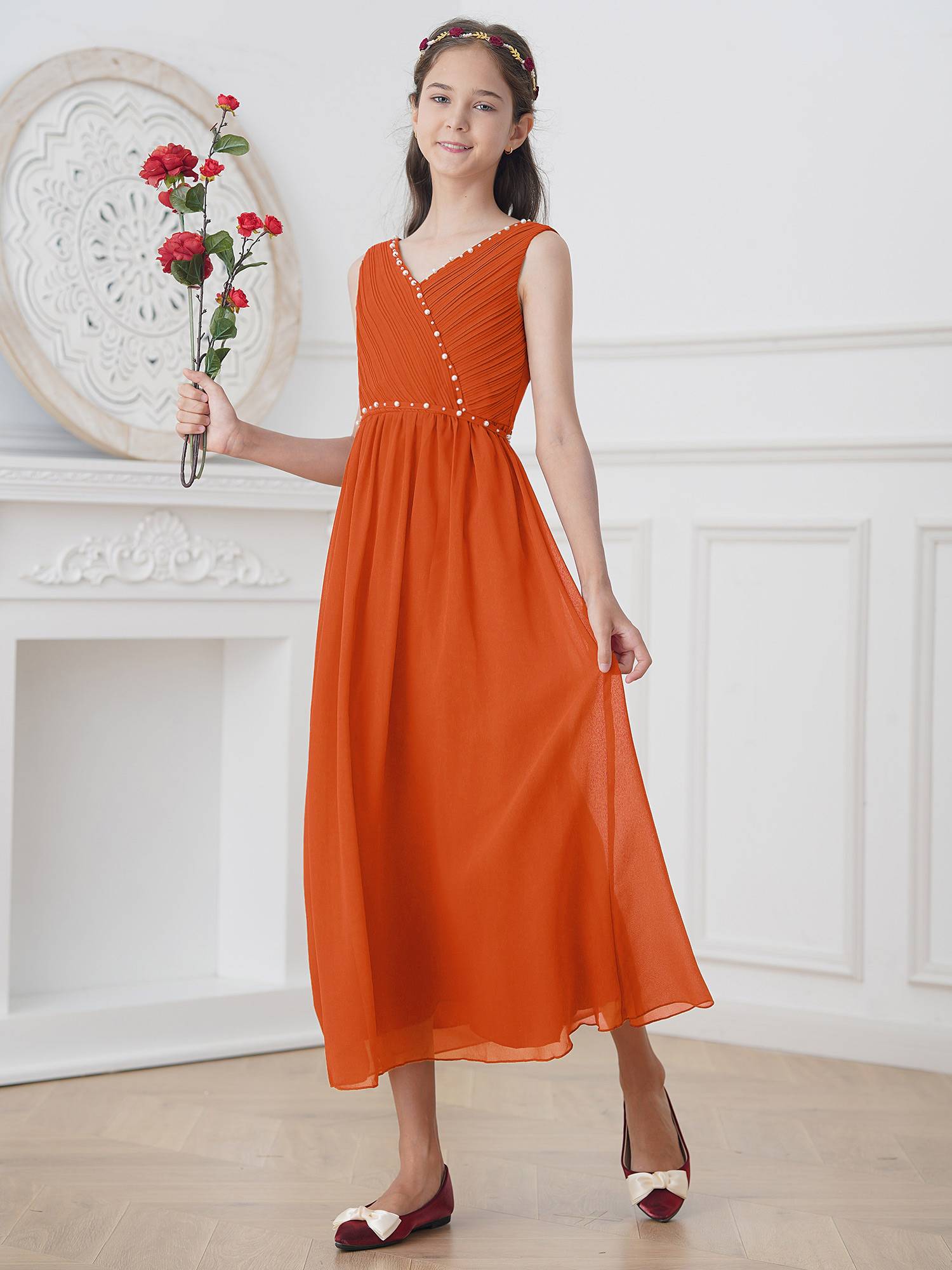 Kids Girls Beaded V Neck Chiffon Party Dress