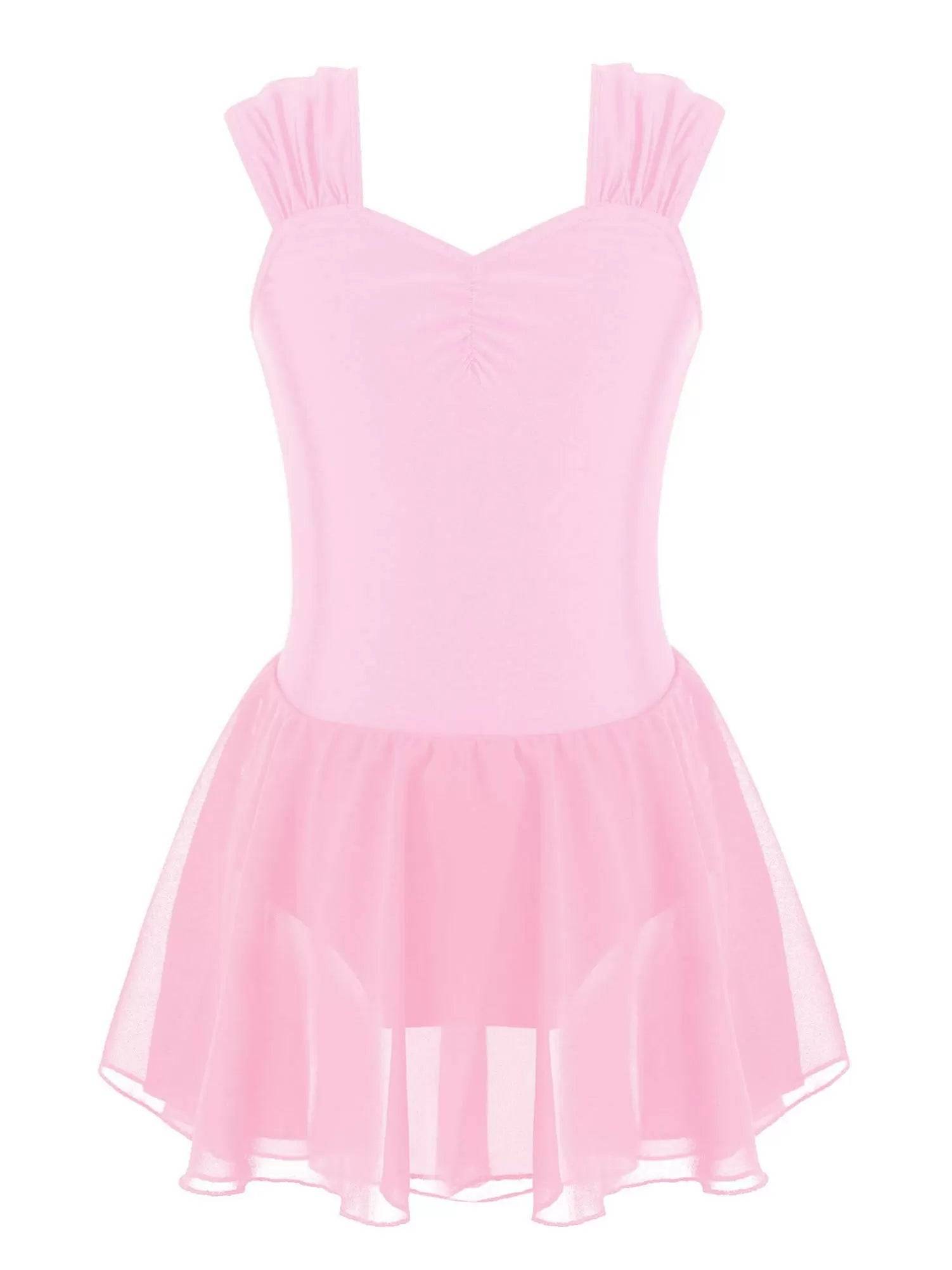 Kids Girls Sleeveless Ruched Solid Lyrical Dance Leotard Dress