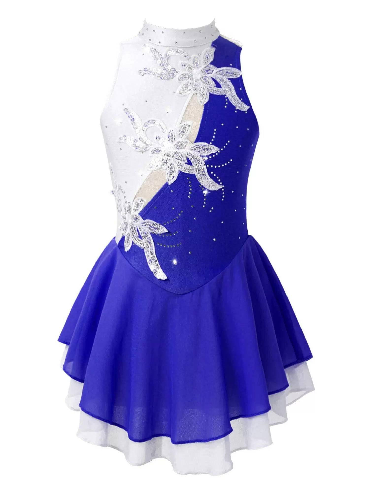 Kids Girls Sleeveless Sequin Floral Ruffle Skating Dance Dress