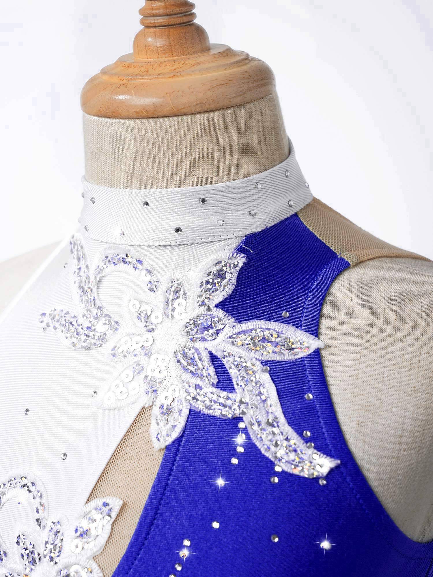 Kids Girls Sleeveless Sequin Floral Ruffle Skating Dance Dress