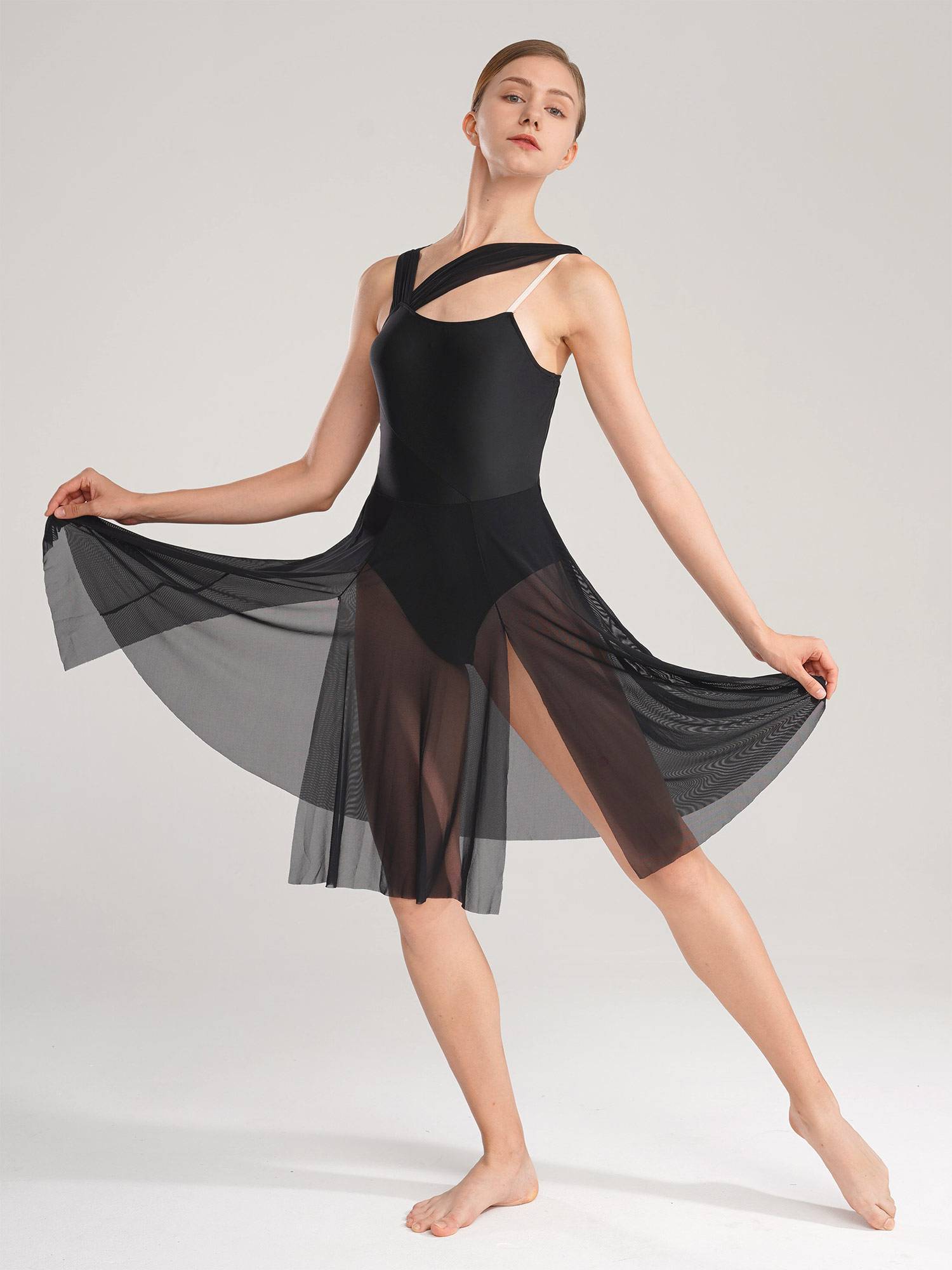 Women Sleeveless Color Block Mesh Lyrical Dance Leotard Dress