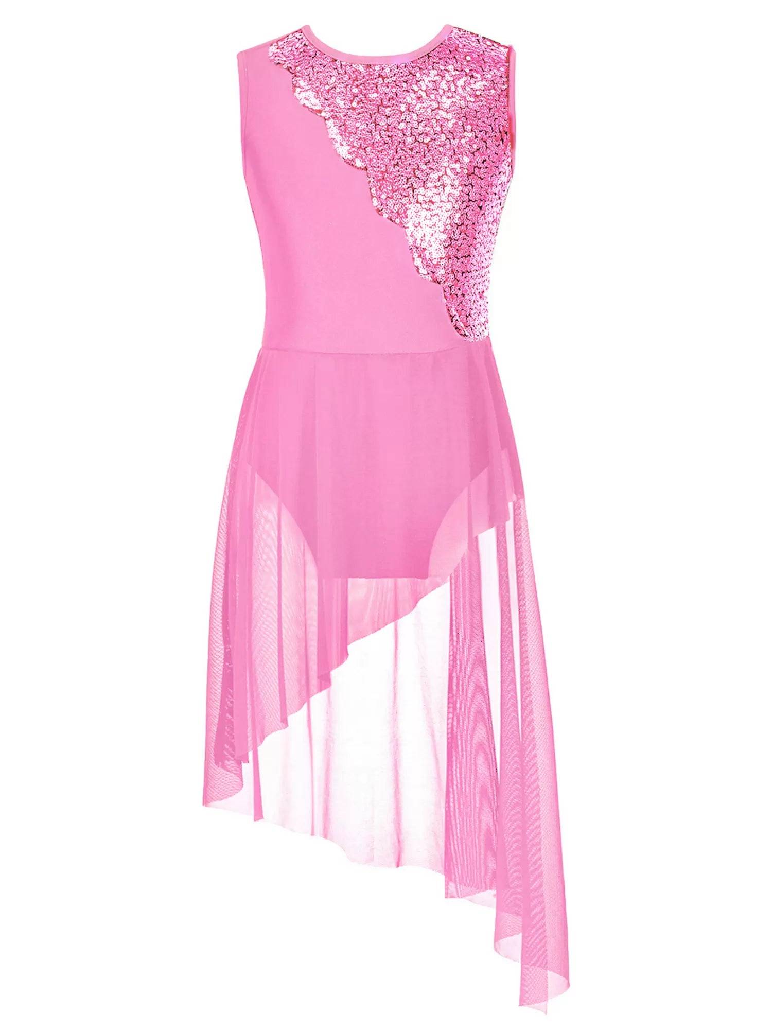 Kids Girls Sleeveless Sequins Irregular Lyrical Dance Dress