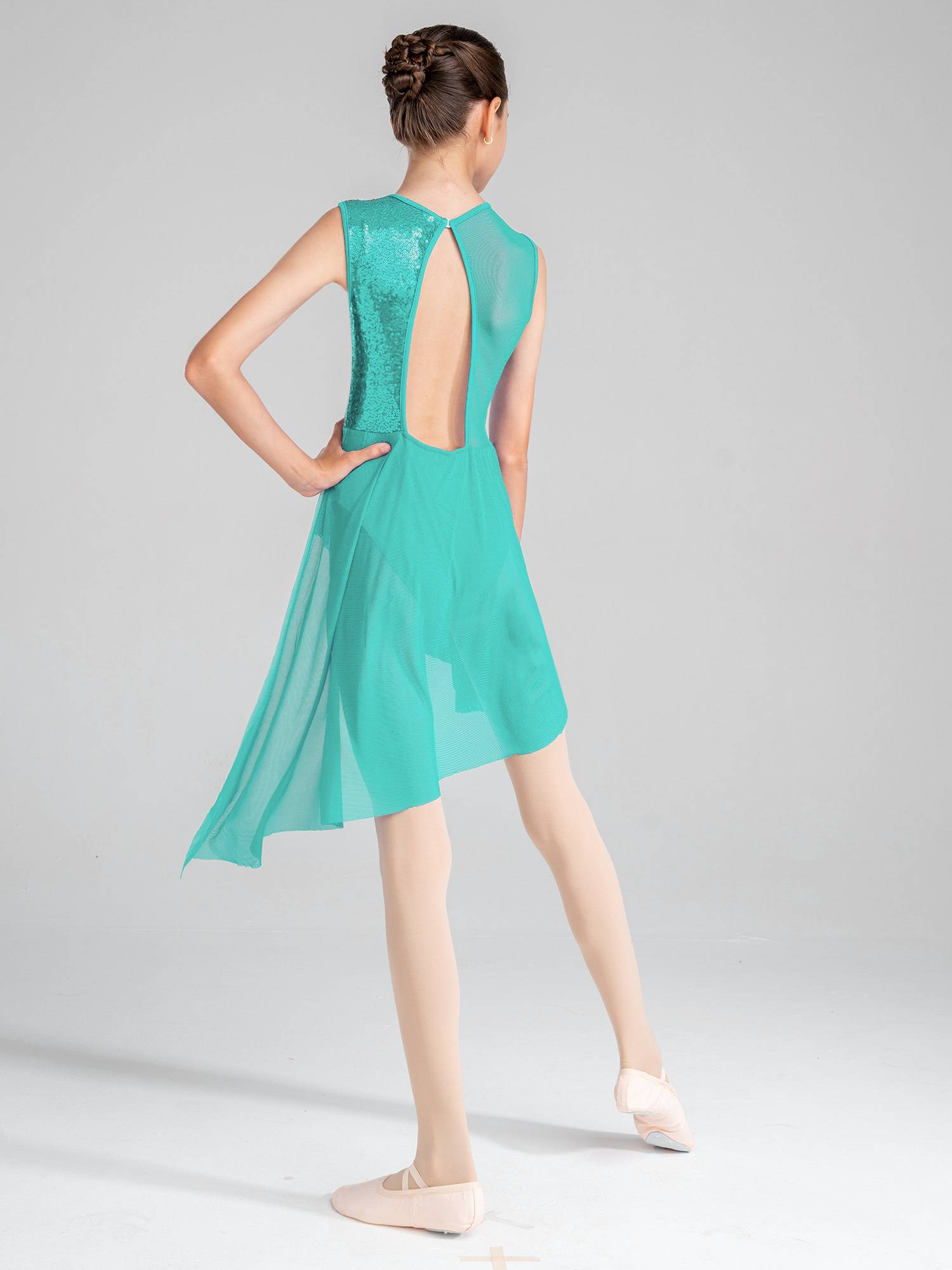 Kids Girls Sleeveless Sequins Irregular Lyrical Dance Dress