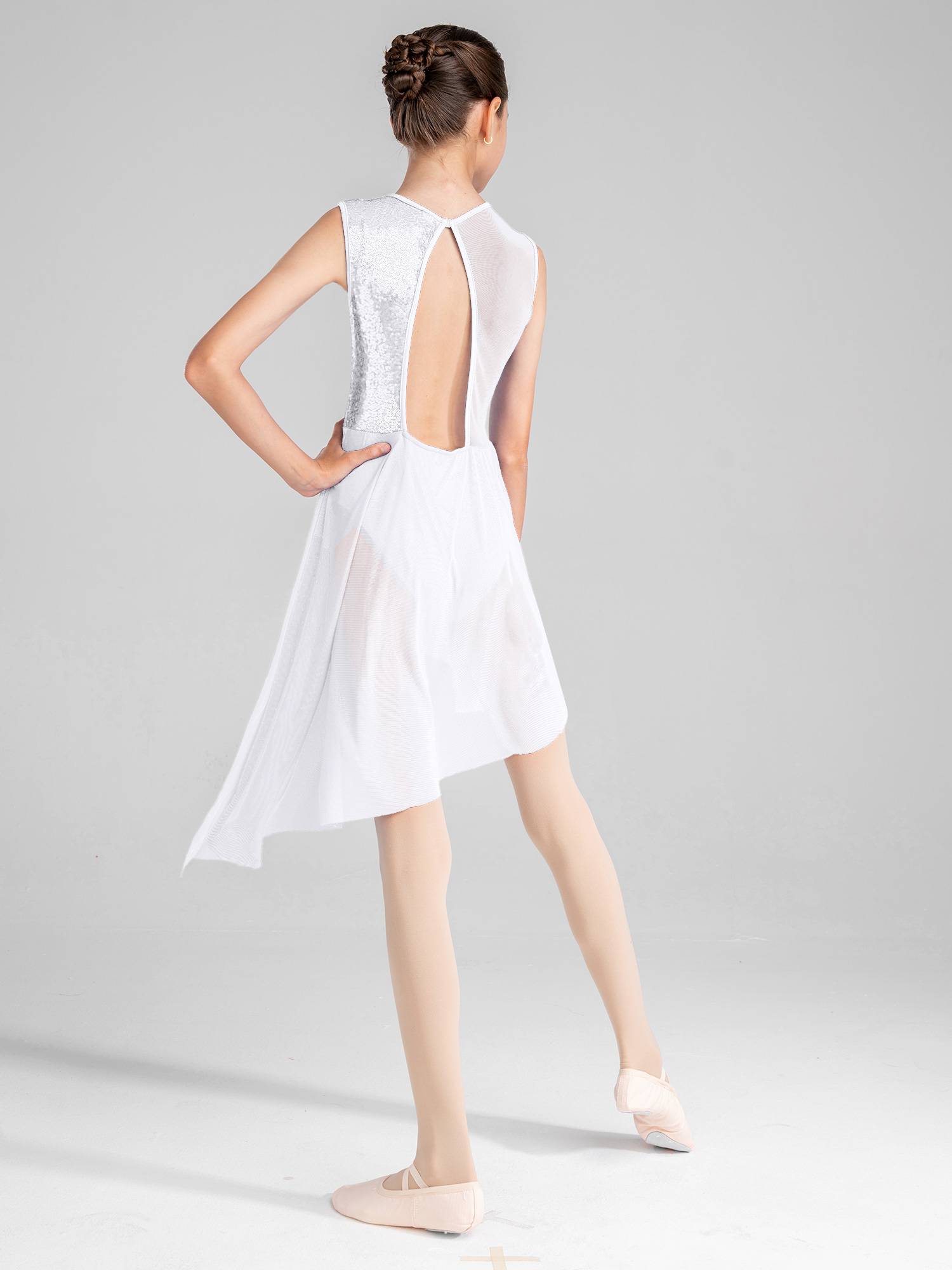 Kids Girls Sleeveless Sequins Irregular Lyrical Dance Dress