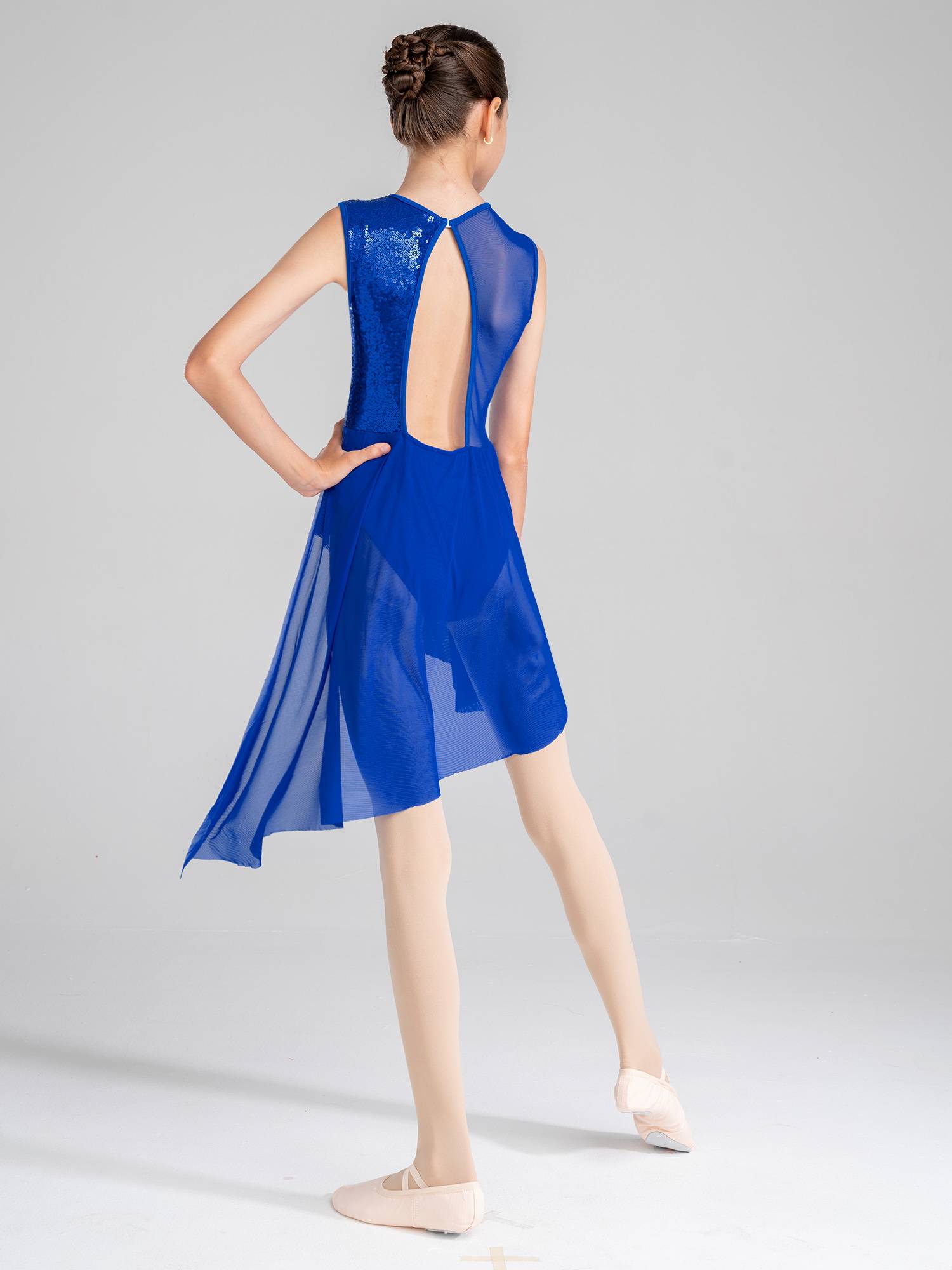 Kids Girls Sleeveless Sequins Irregular Lyrical Dance Dress