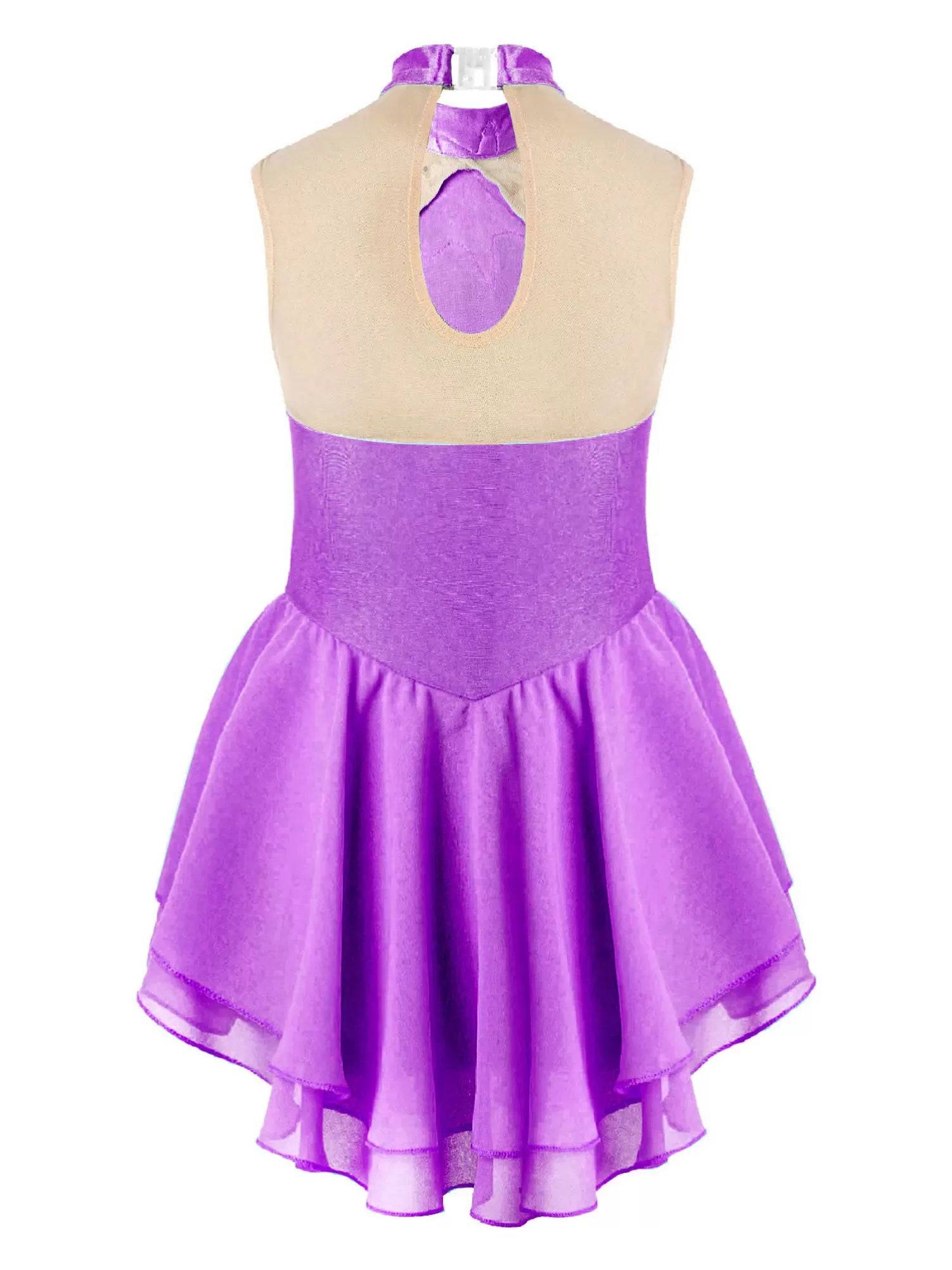 Kids Girls Sleeveless Sequins Floral Decorated Skating Dance Dress