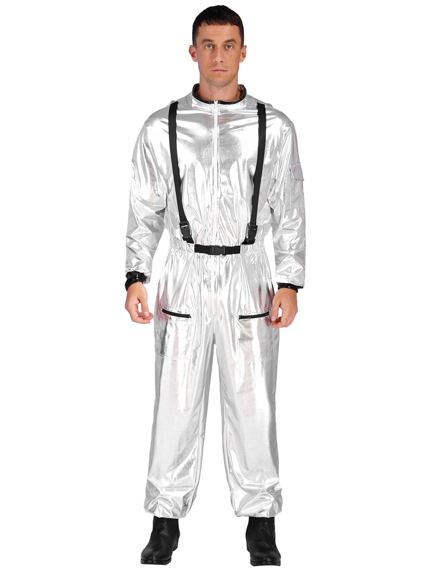 Men Mock Neck Long Sleeve Astronaut Costume Metallic Jumpsuits