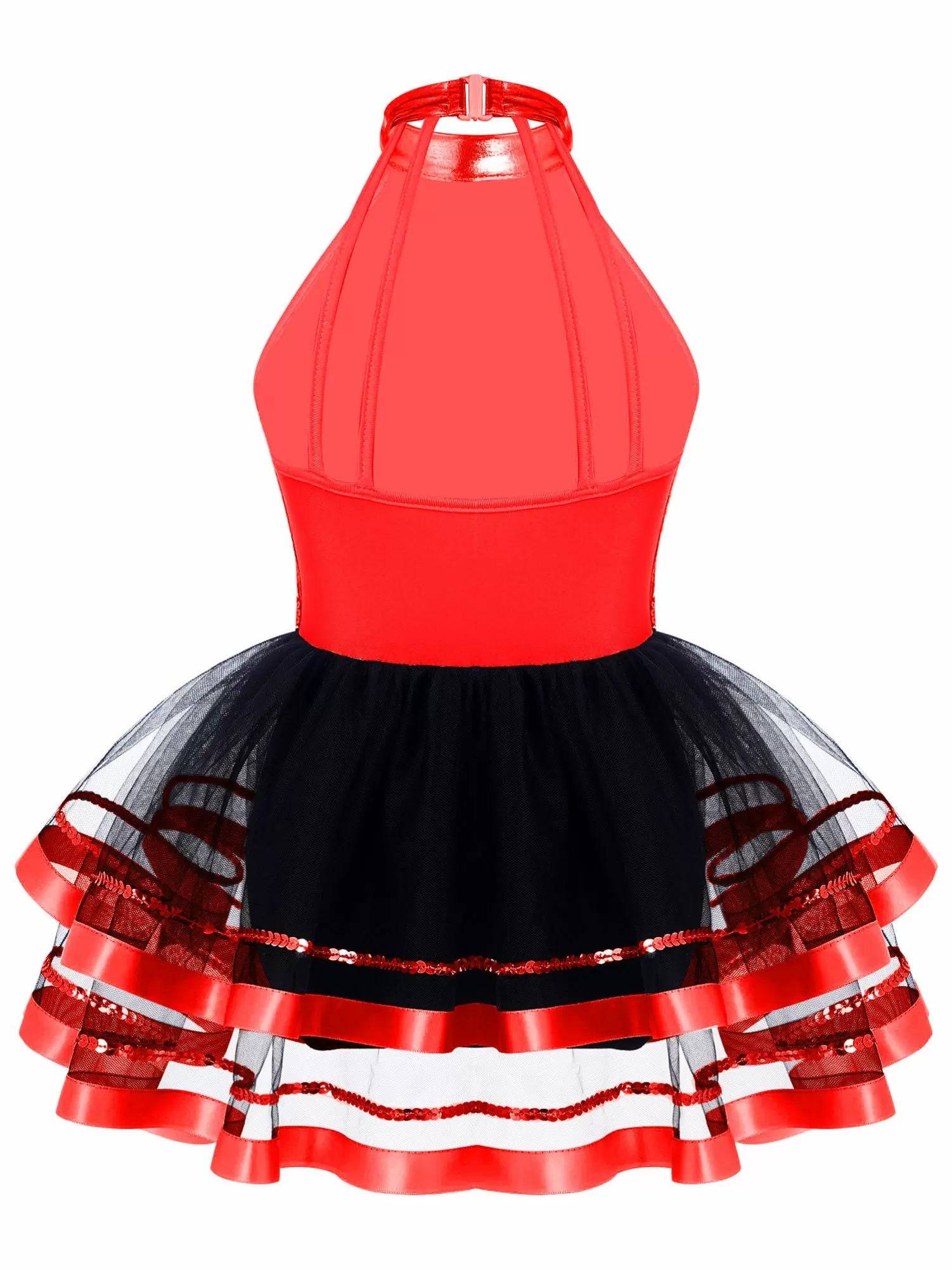 Kids Girls Sleeveless Sequin Hollow Back Tutu Jazz Dance Dress