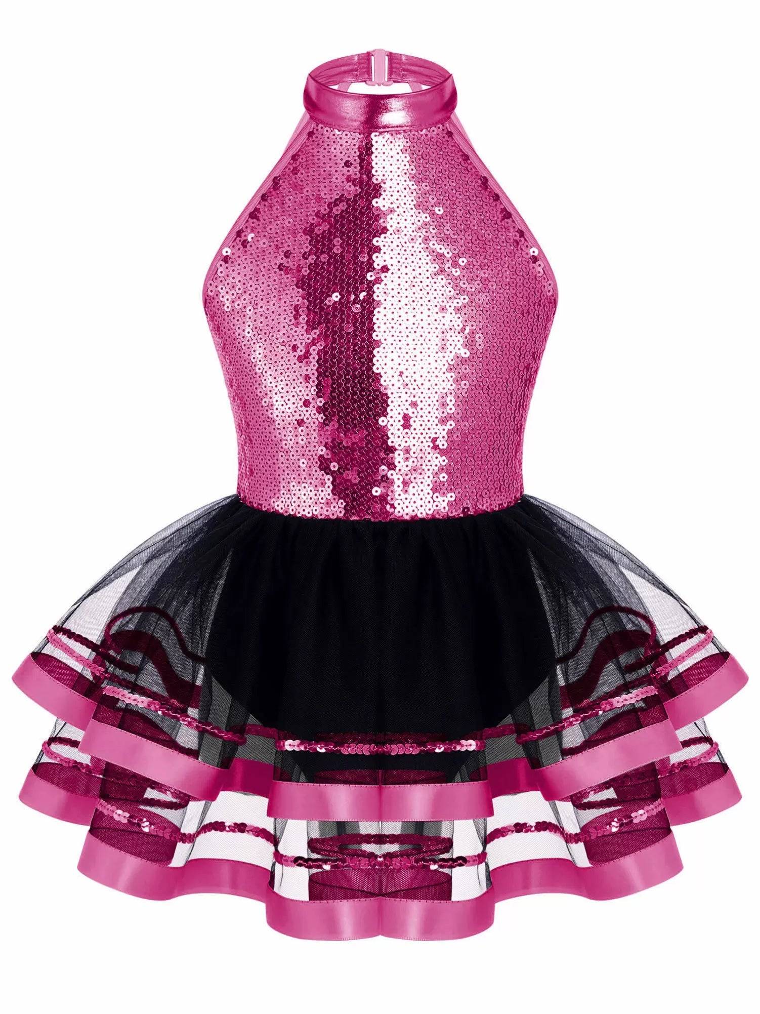 Kids Girls Sleeveless Sequin Hollow Back Tutu Jazz Dance Dress