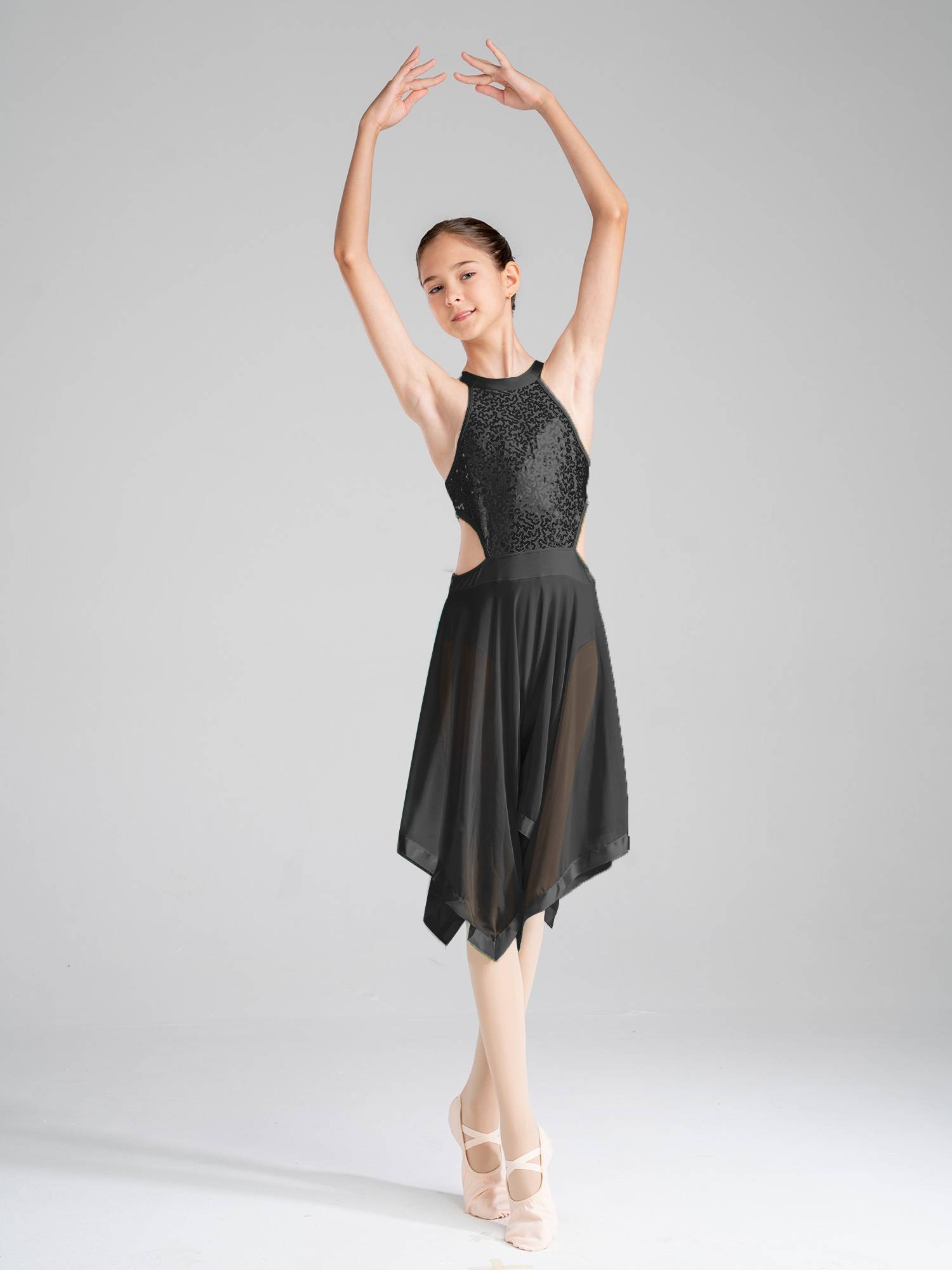 Kids Girls Sleeveless Sequins Hollow Back Lyrical Dance Dress