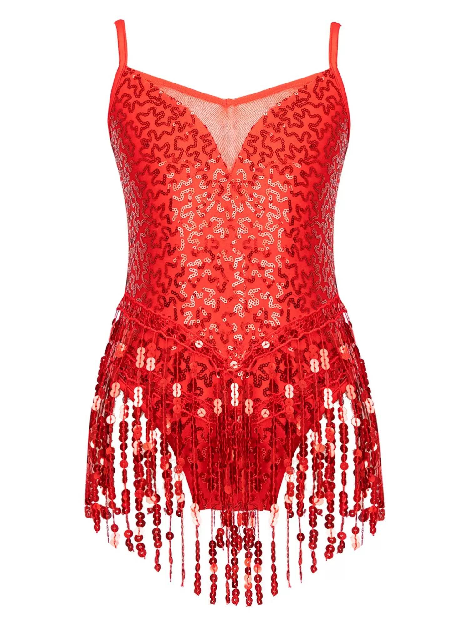 Kids Girls Sleeveless Sequin Tassel Latin Dance Leotards