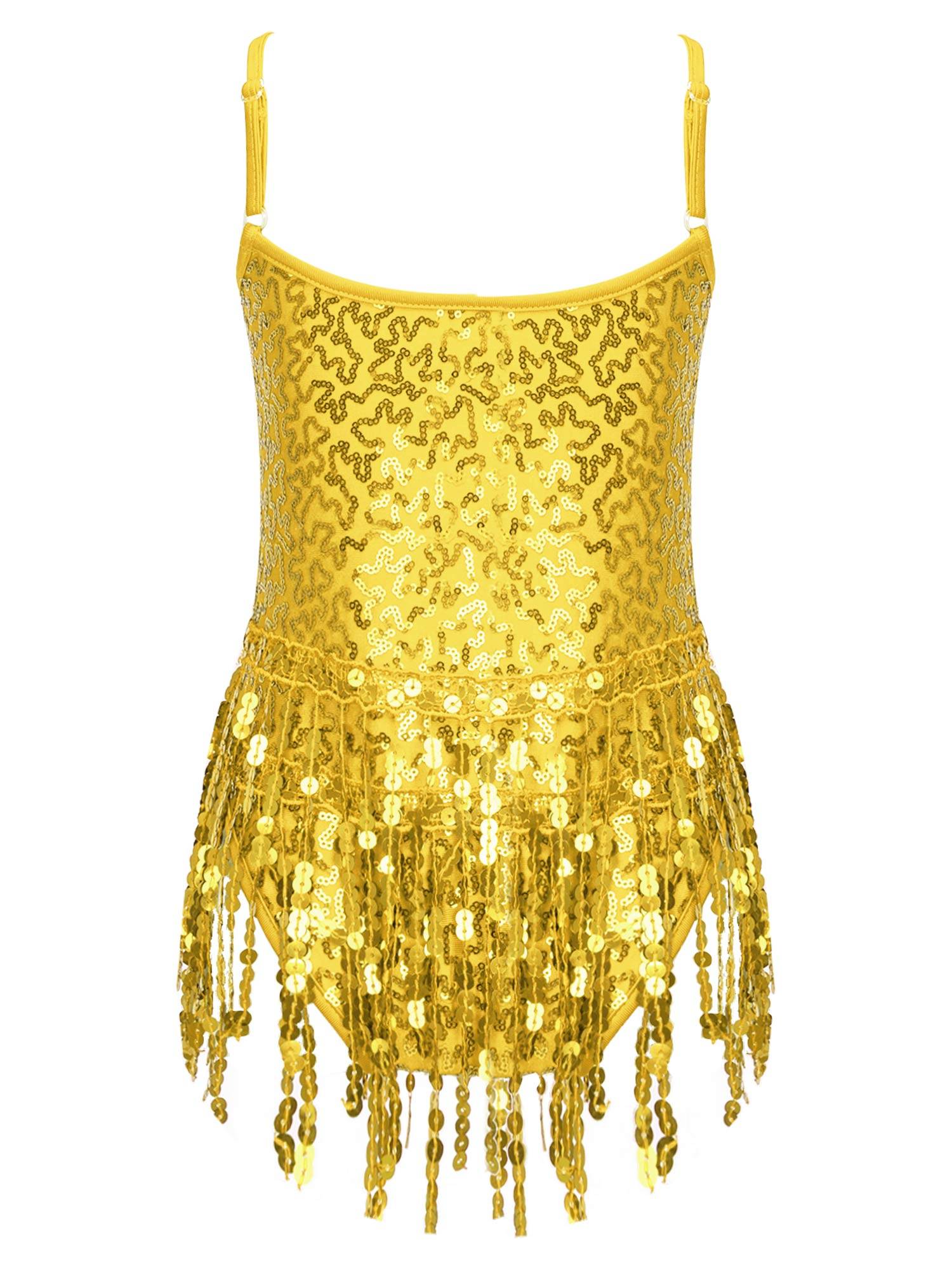 Kids Girls Sleeveless Sequin Tassel Latin Dance Leotards