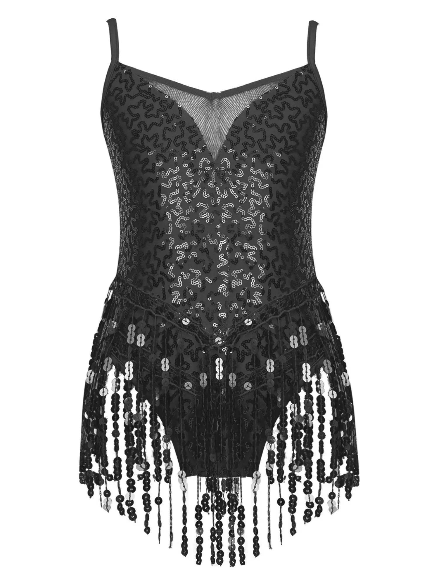 Kids Girls Sleeveless Sequin Tassel Latin Dance Leotards