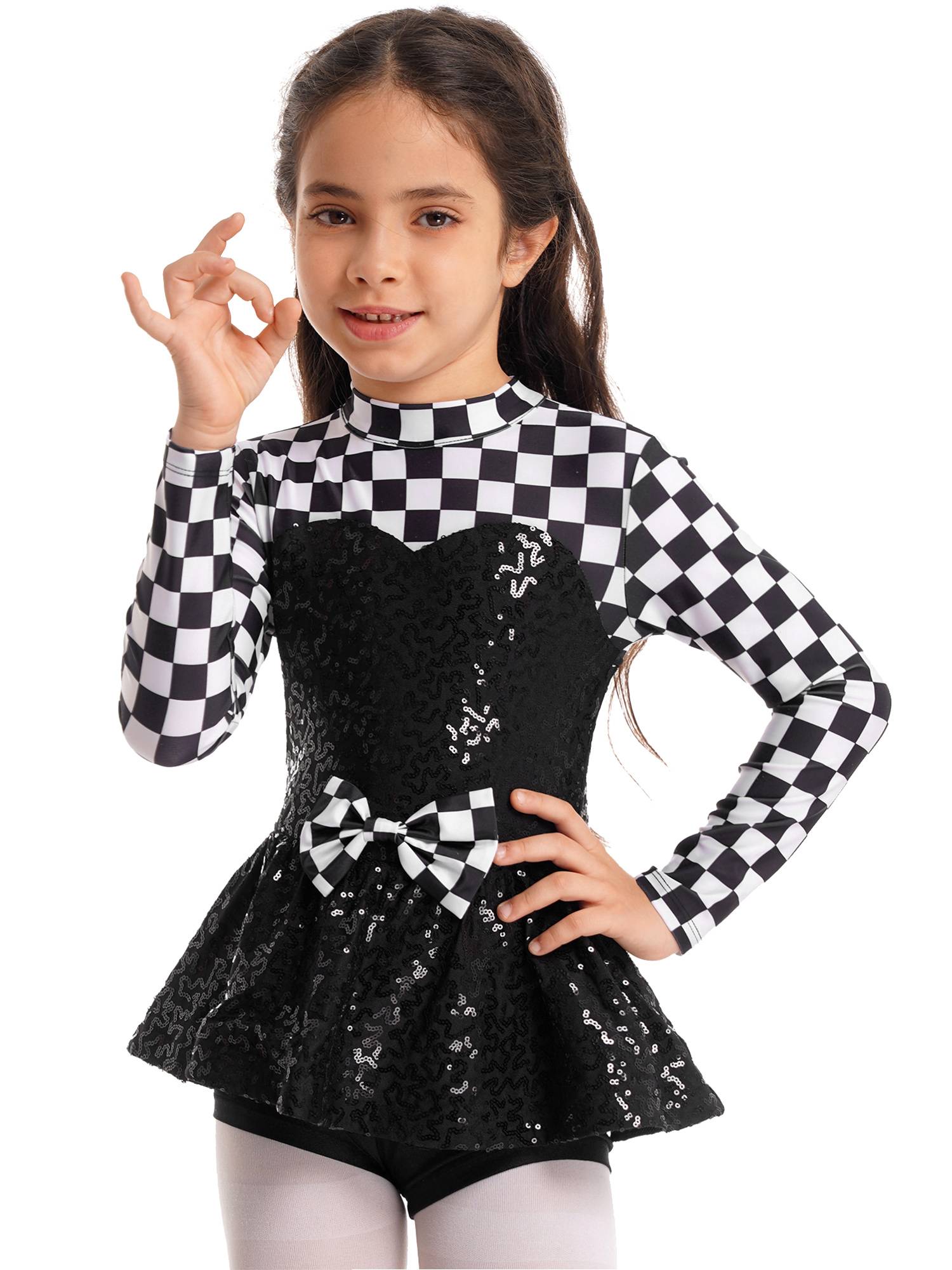Kids Girls Racer Costume Sequin Checkerboard Printed Bodysuit