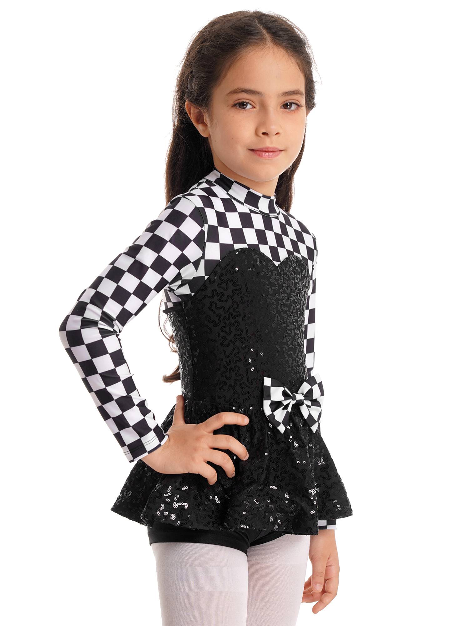 Kids Girls Racer Costume Sequin Checkerboard Printed Bodysuit