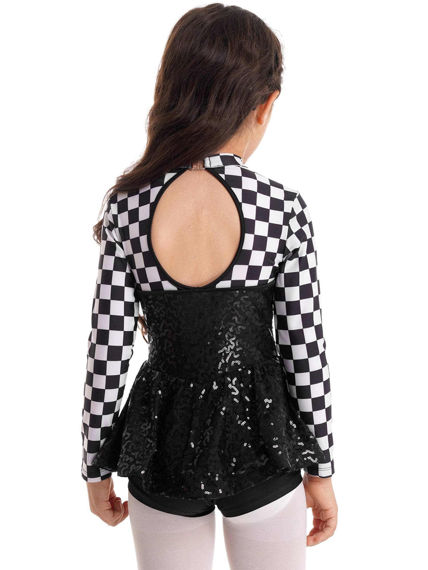 Kids Girls Racer Costume Sequin Checkerboard Printed Bodysuit