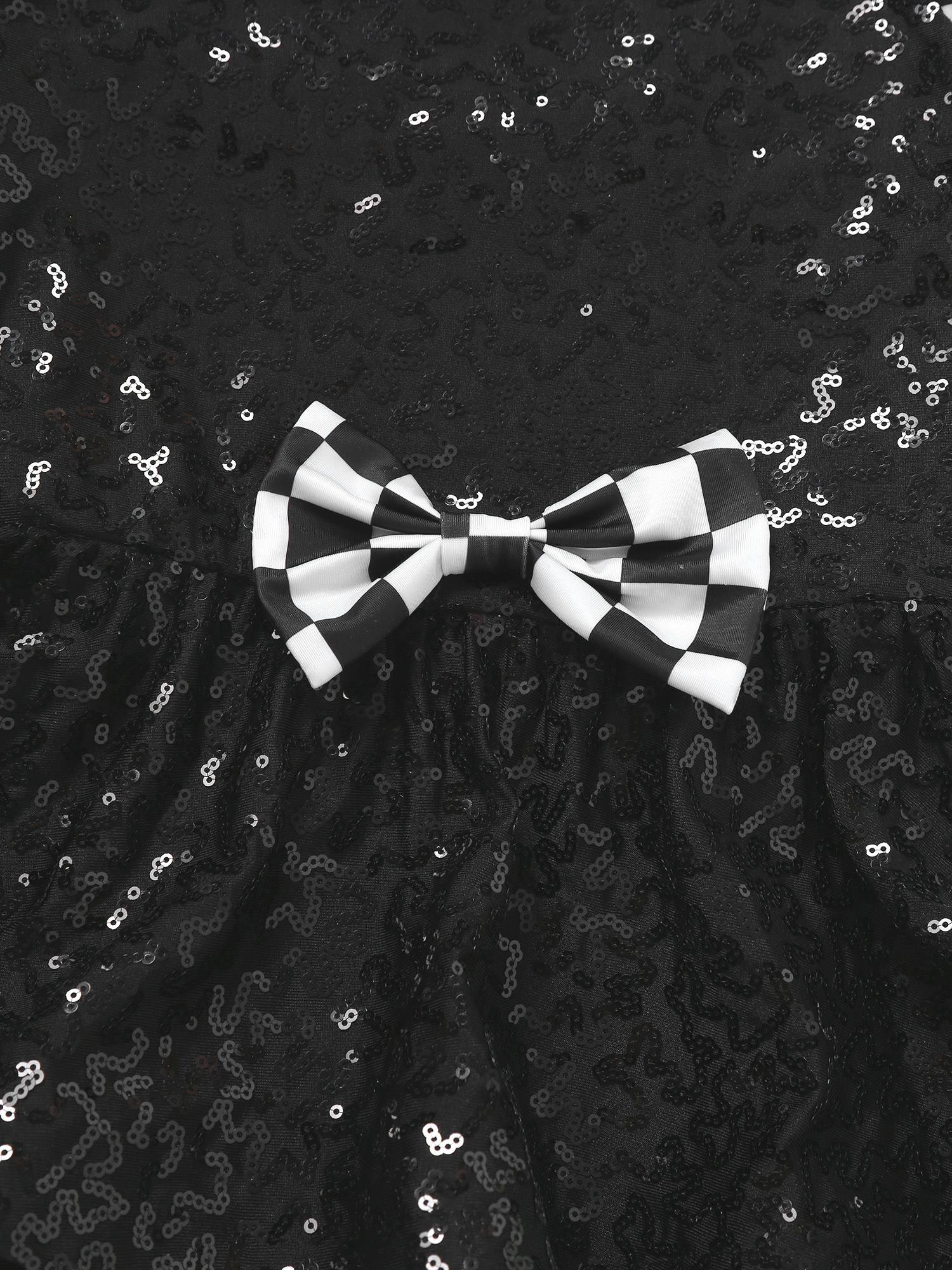 Kids Girls Racer Costume Sequin Checkerboard Printed Bodysuit