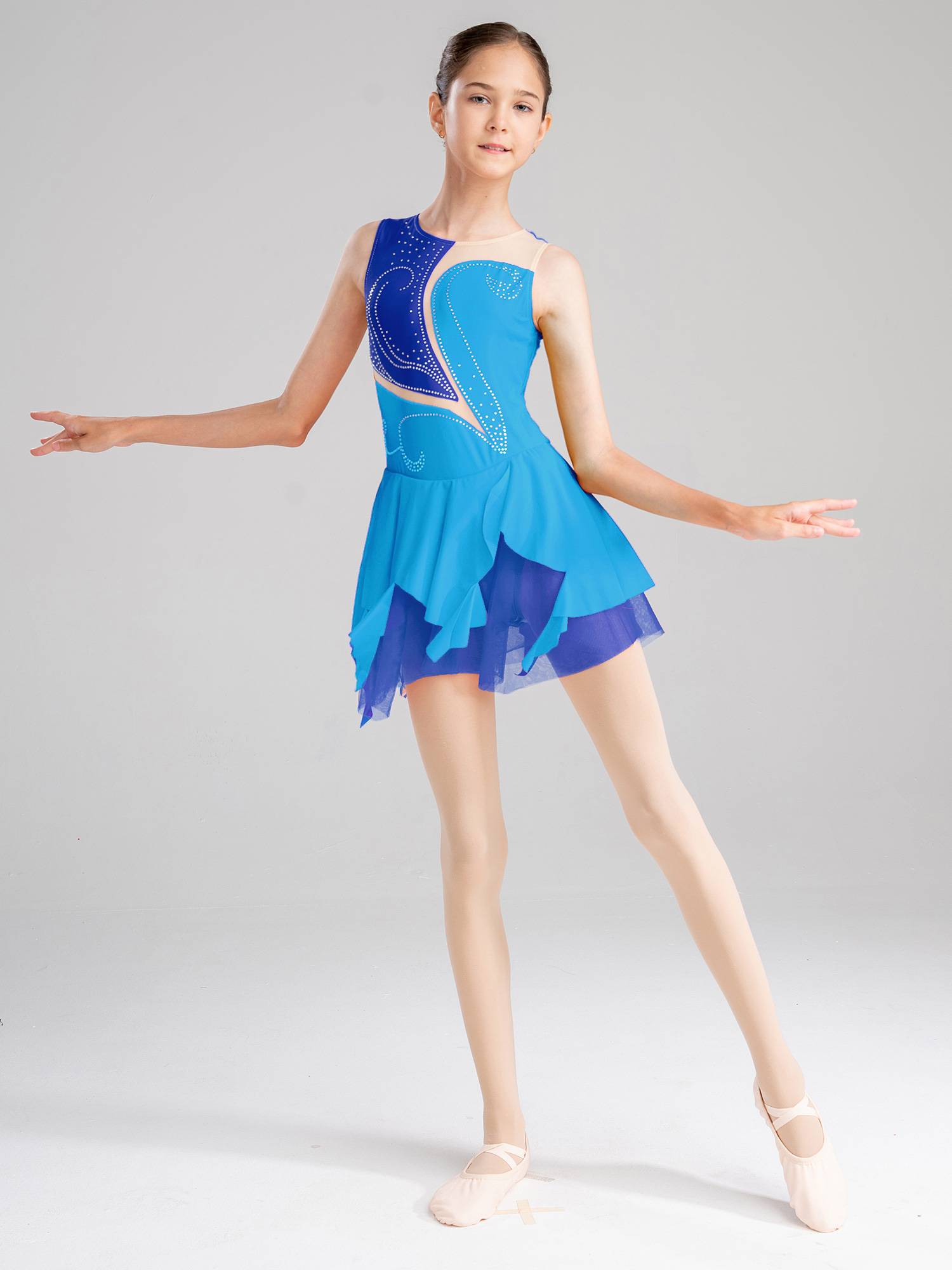 Kids Girls Sleeveless Colorblock Rhinestone Skating Dance Dress