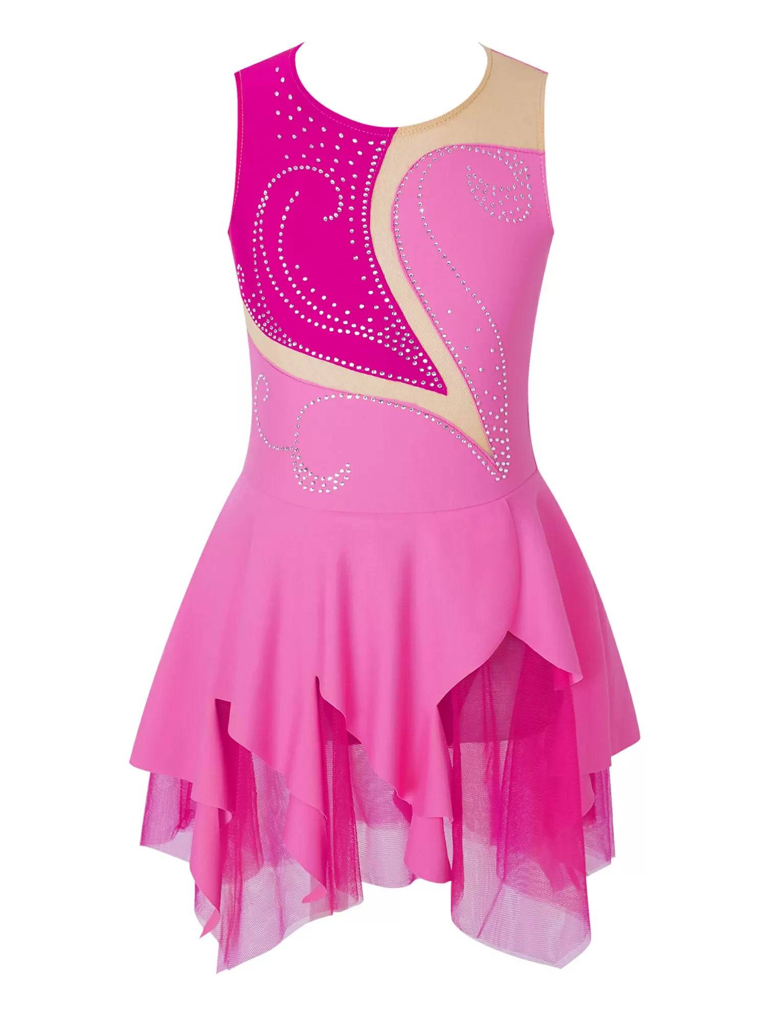 Kids Girls Sleeveless Colorblock Rhinestone Skating Dance Dress