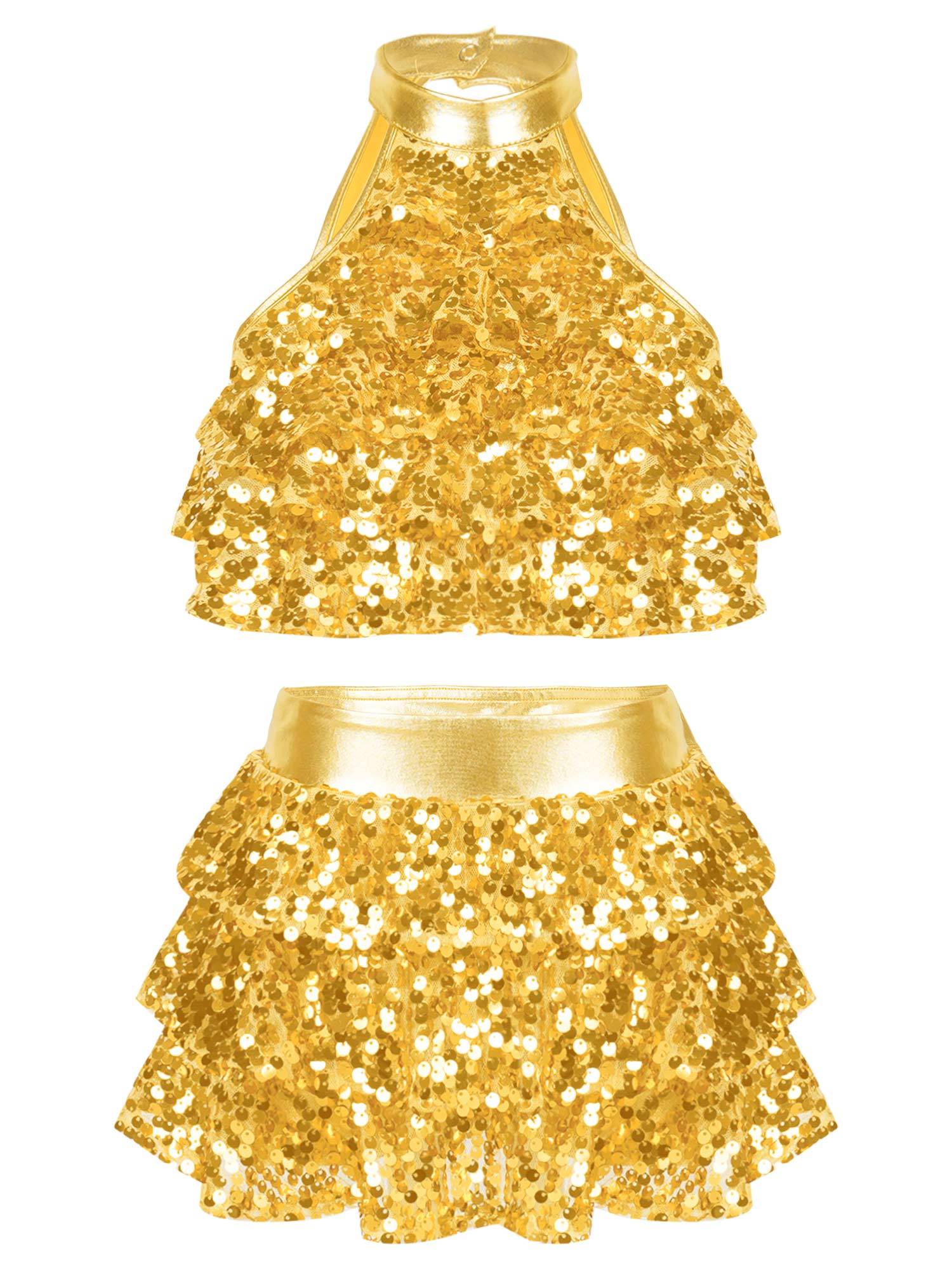Kids Girls Sequin Backless Crop Top and Skirt Jazz Dance Sets