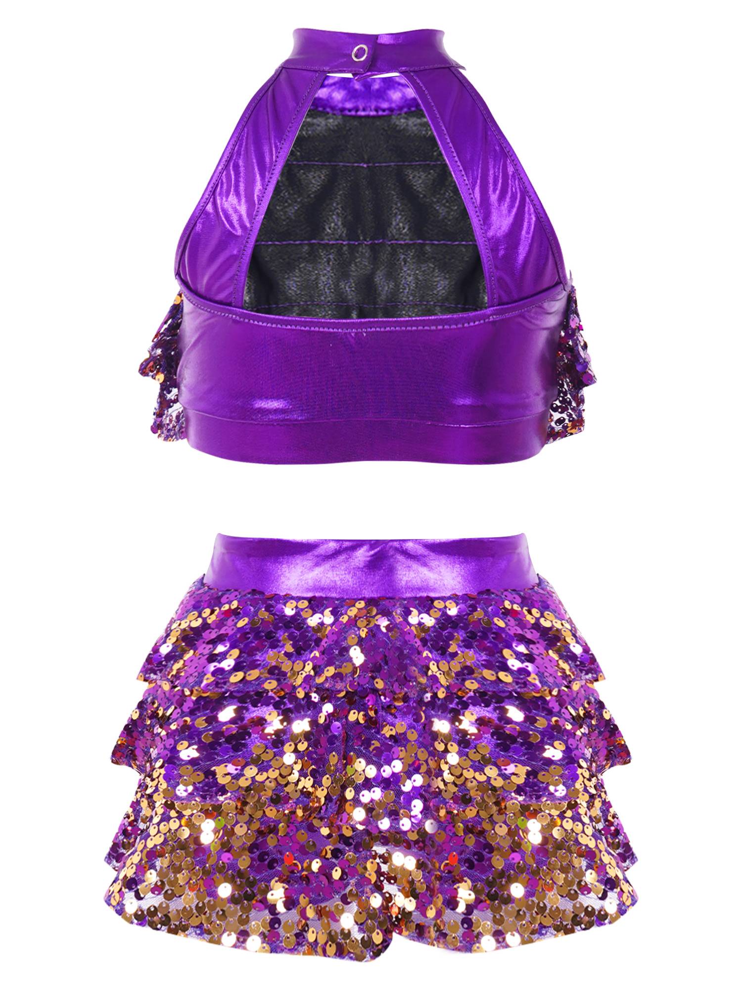 Kids Girls Sequin Backless Crop Top and Skirt Jazz Dance Sets