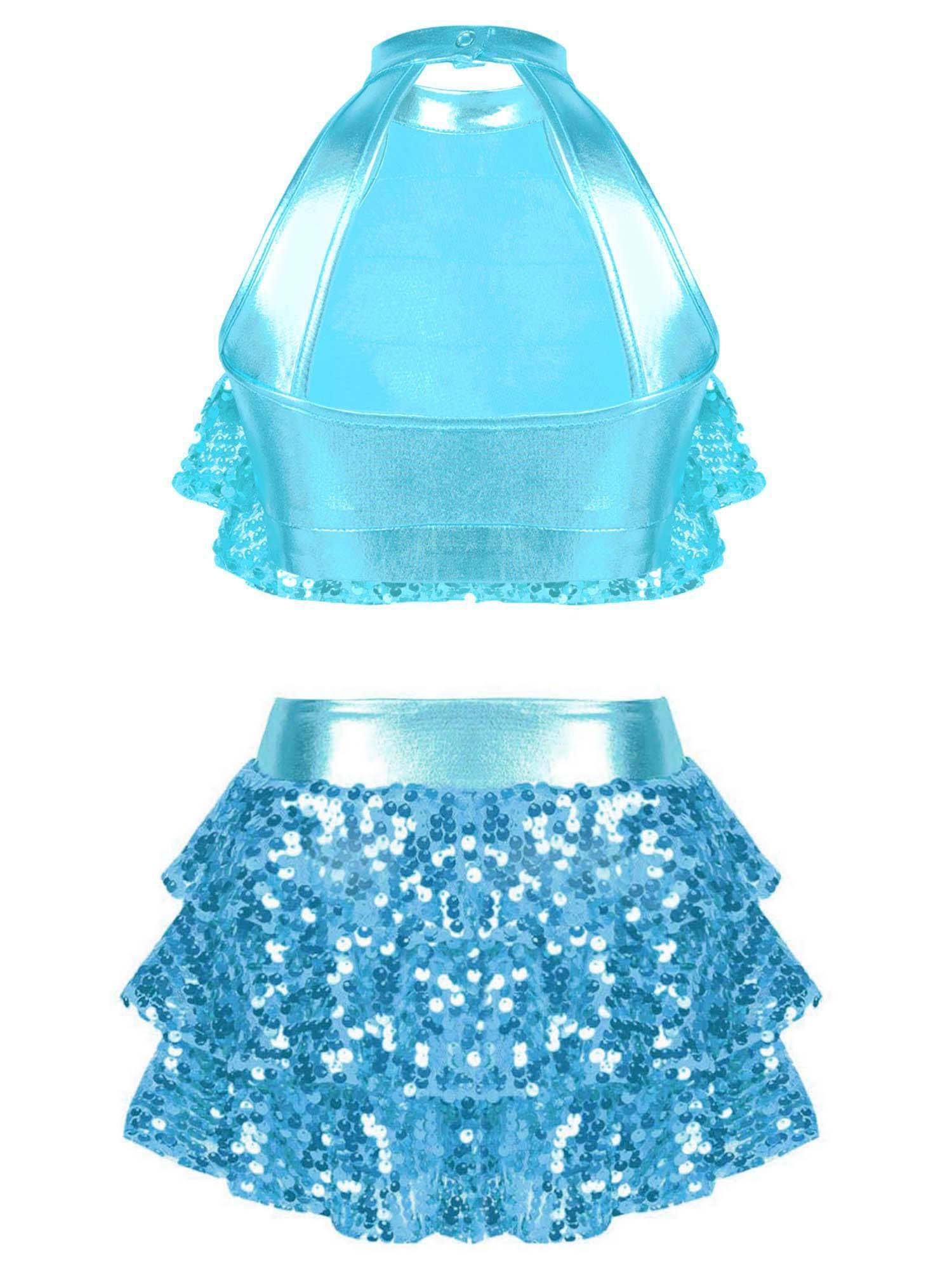 Kids Girls Sequin Backless Crop Top and Skirt Jazz Dance Sets