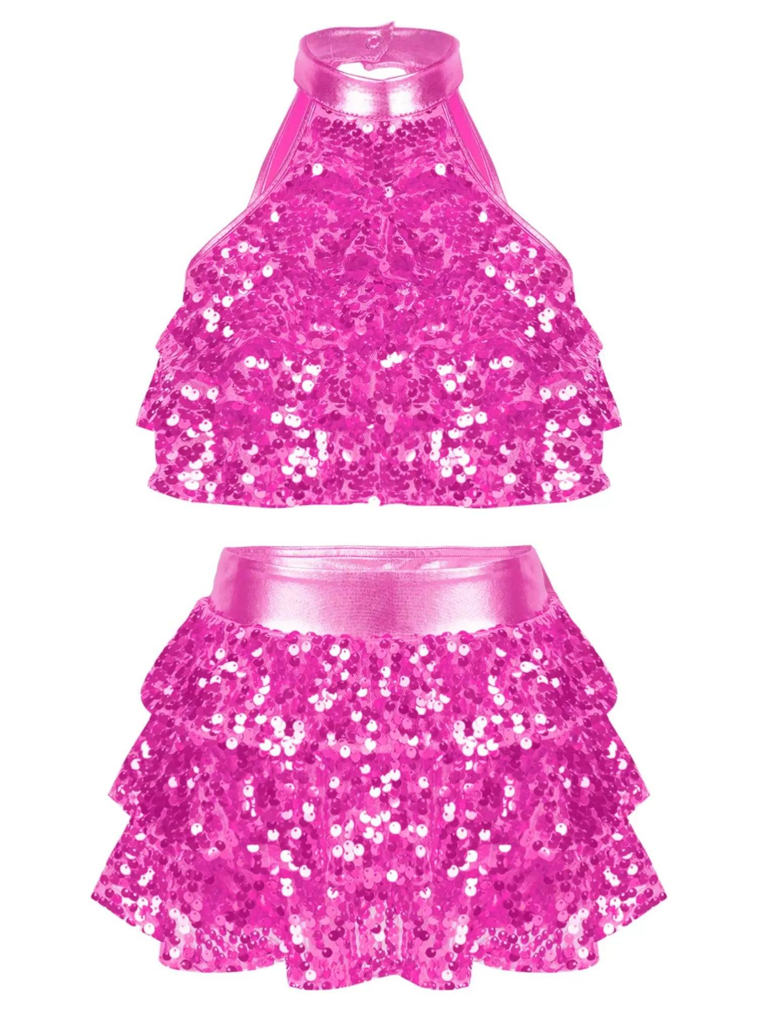 Kids Girls Sequin Backless Crop Top and Skirt Jazz Dance Sets