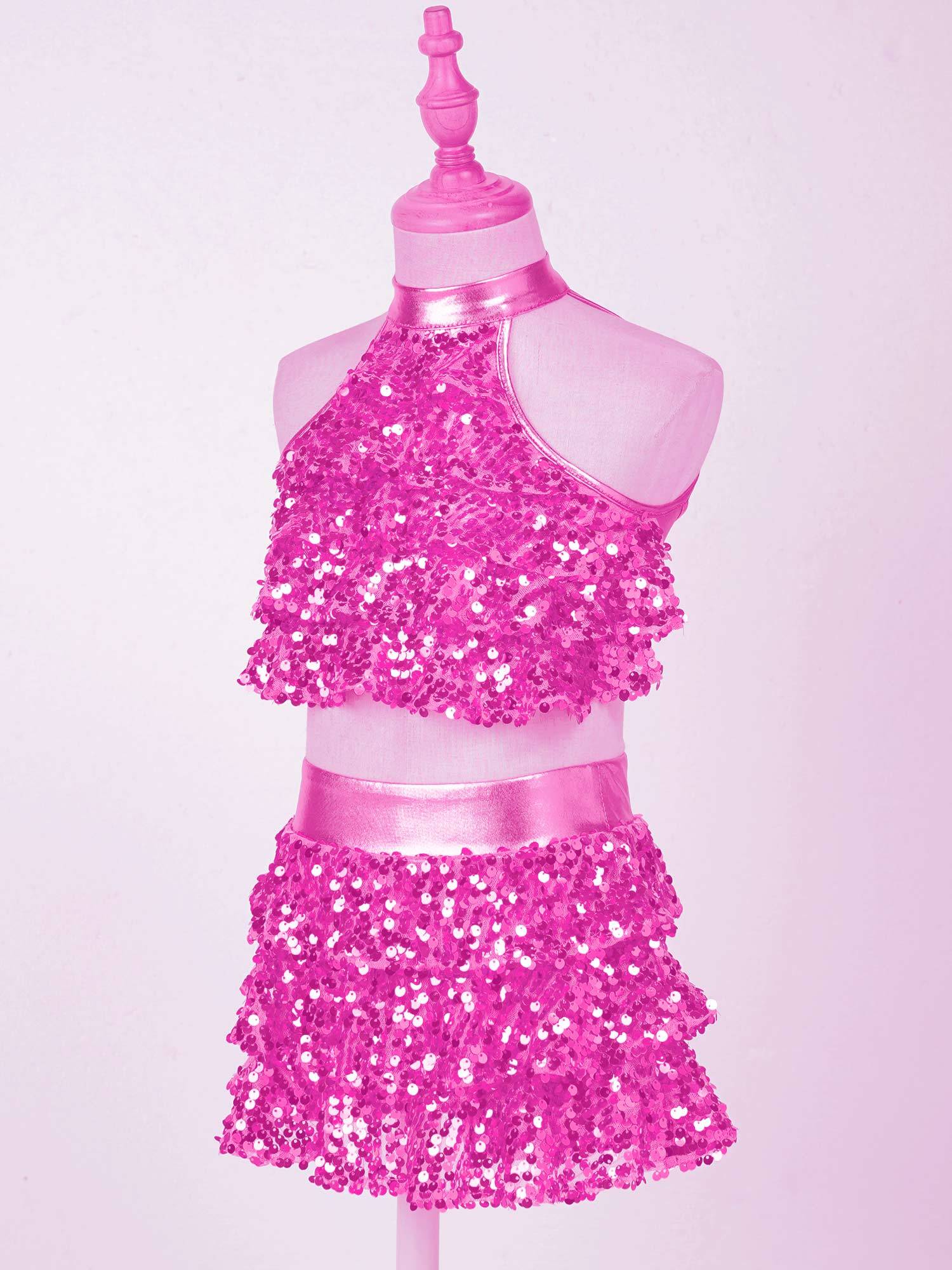 Kids Girls Sequin Backless Crop Top and Skirt Jazz Dance Sets