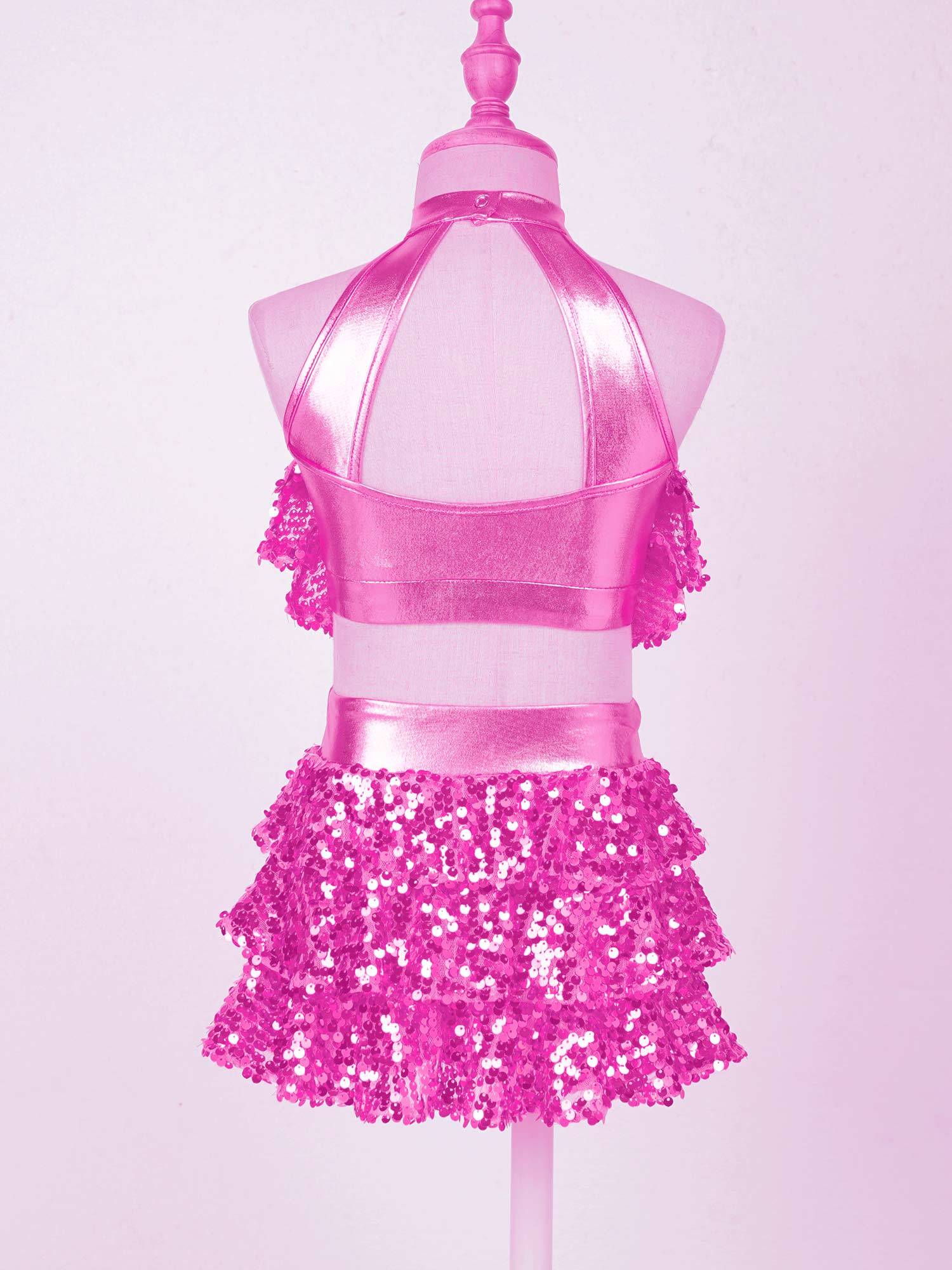 Kids Girls Sequin Backless Crop Top and Skirt Jazz Dance Sets