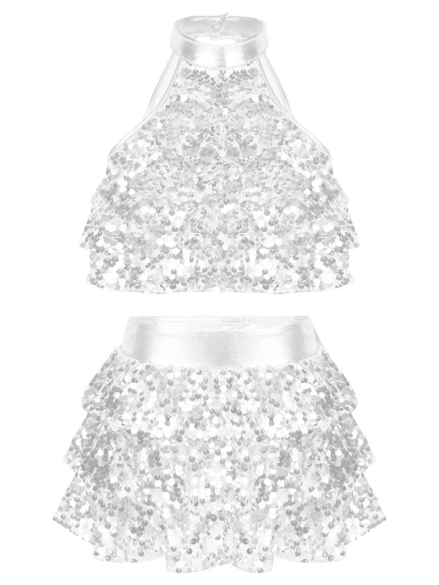 Kids Girls Sequin Backless Crop Top and Skirt Jazz Dance Sets