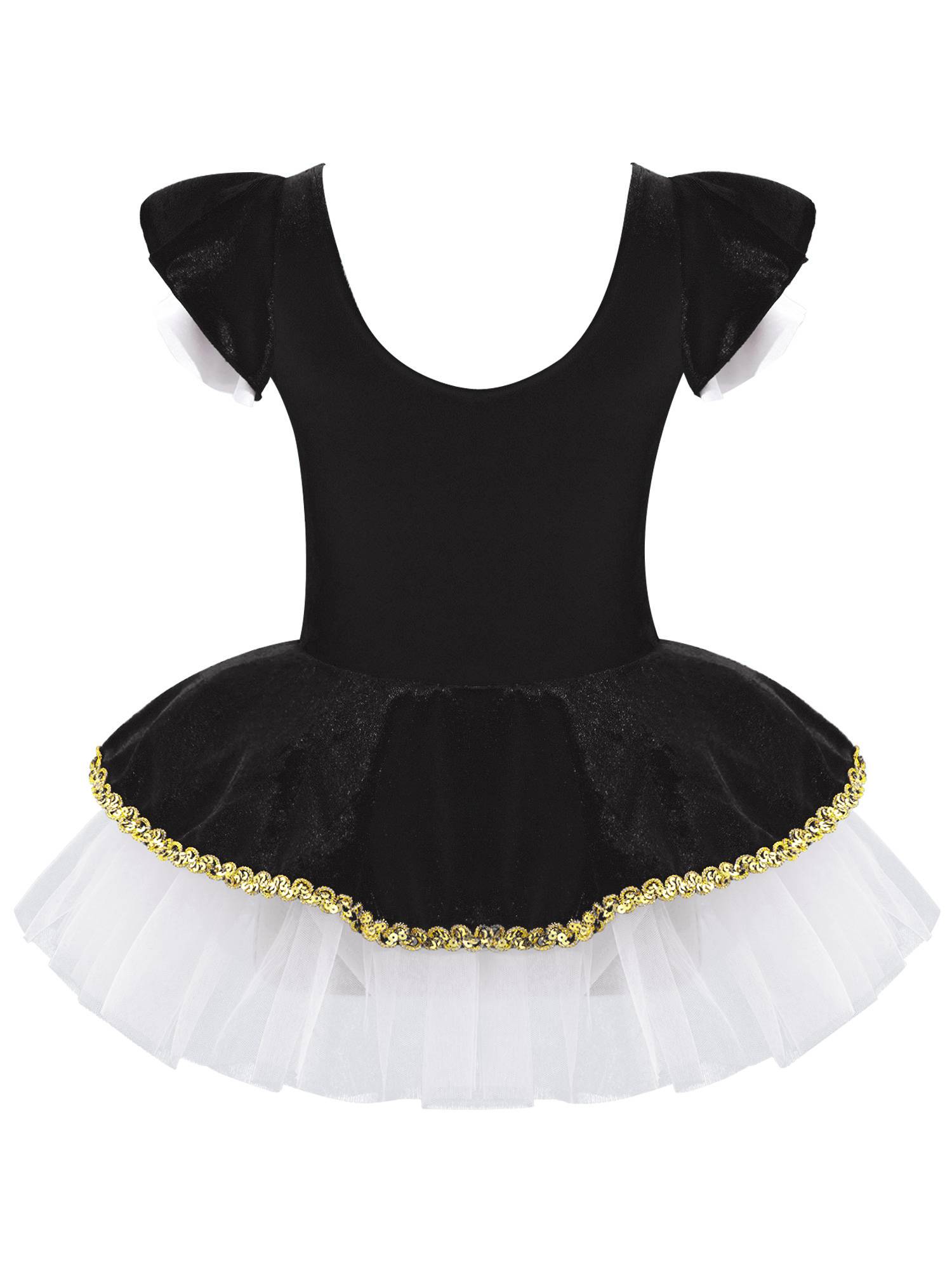 Kids Girls Square Neck Short Sleeves Sequin Leotard Dress