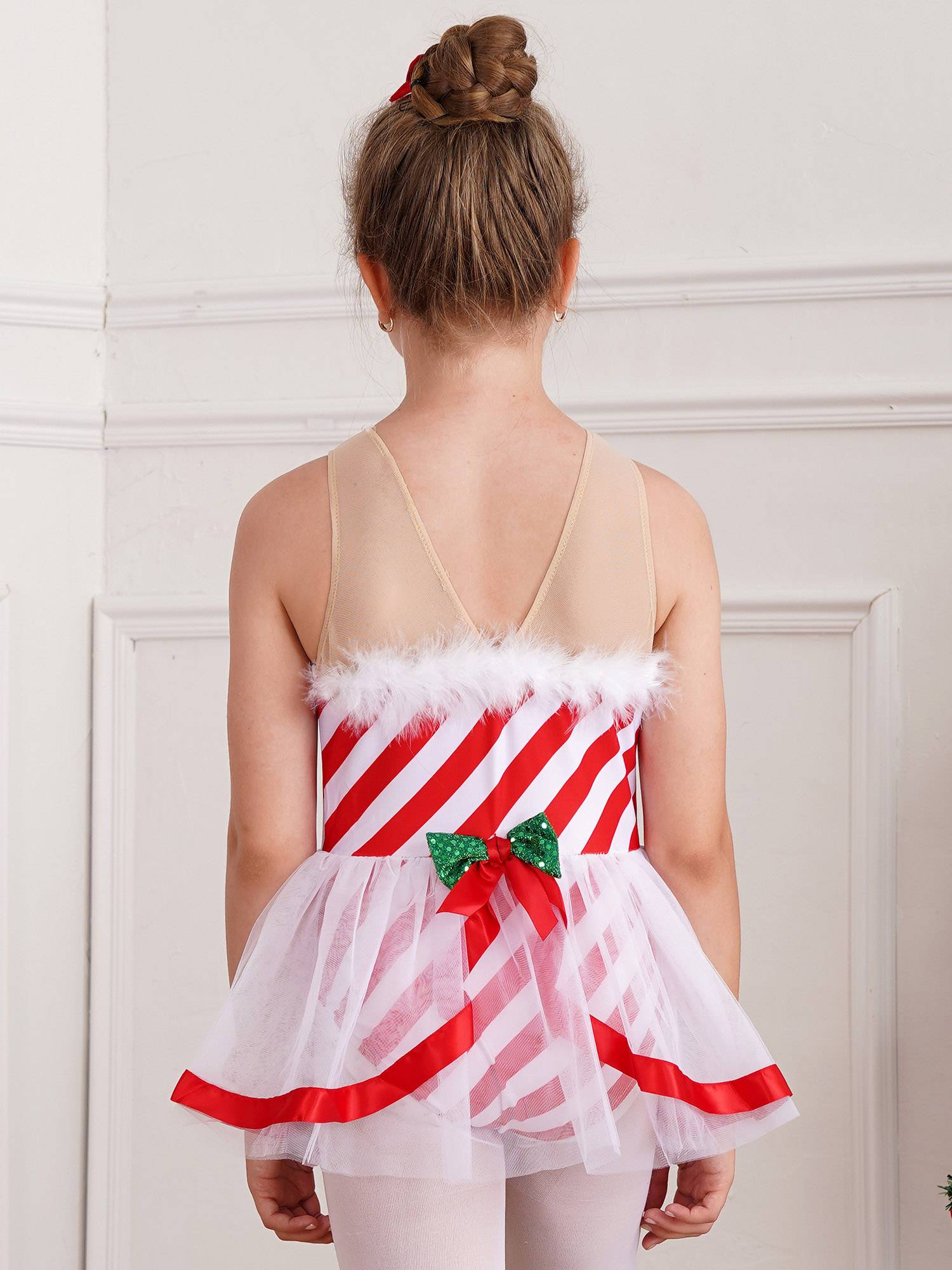 Kids Girls Christmas Sleeveless Bowknot Stripe Mesh Tutu Dress