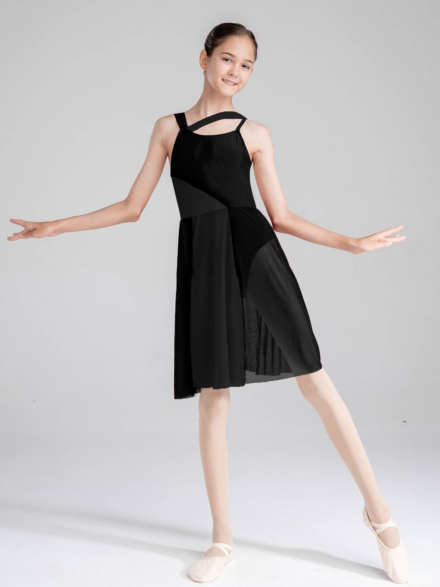 Kids Girls Sleeveless Color Block Lyrical Dance Leotard Dress