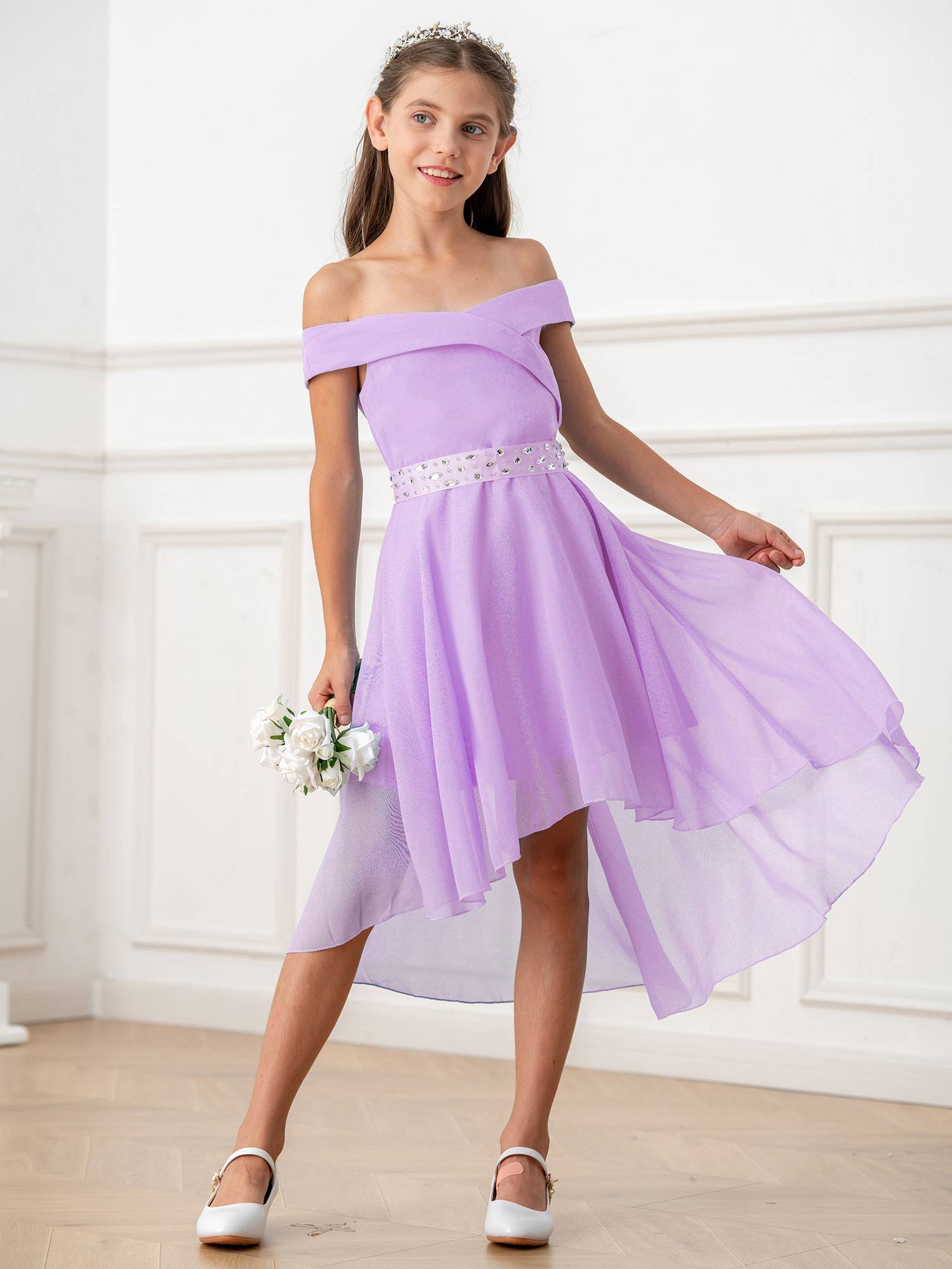 Kids Girls Off-Shoulder High-Low Dress