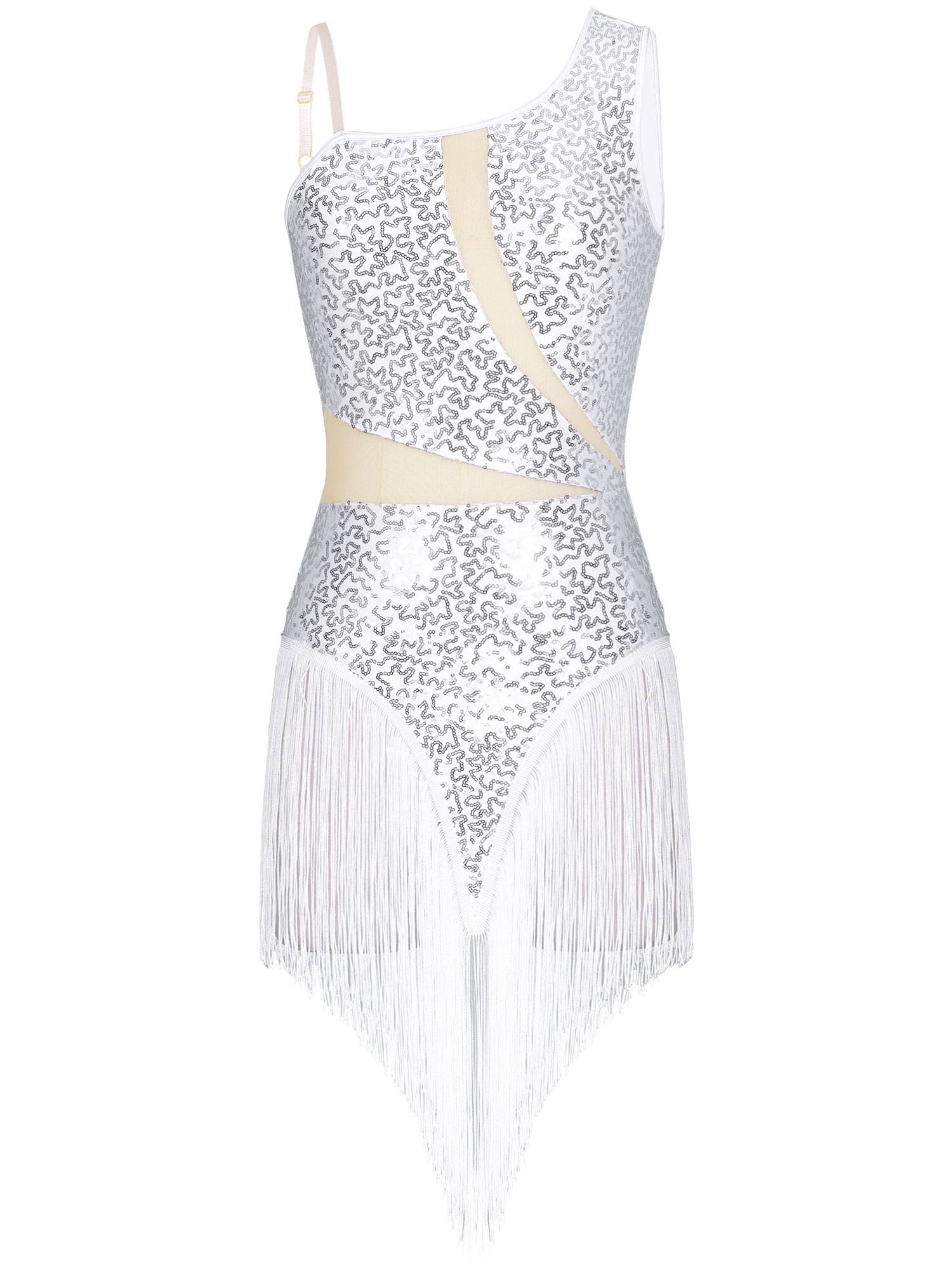Women Sequin Fringed Straps Tassel Latin Dance Leotard Dress