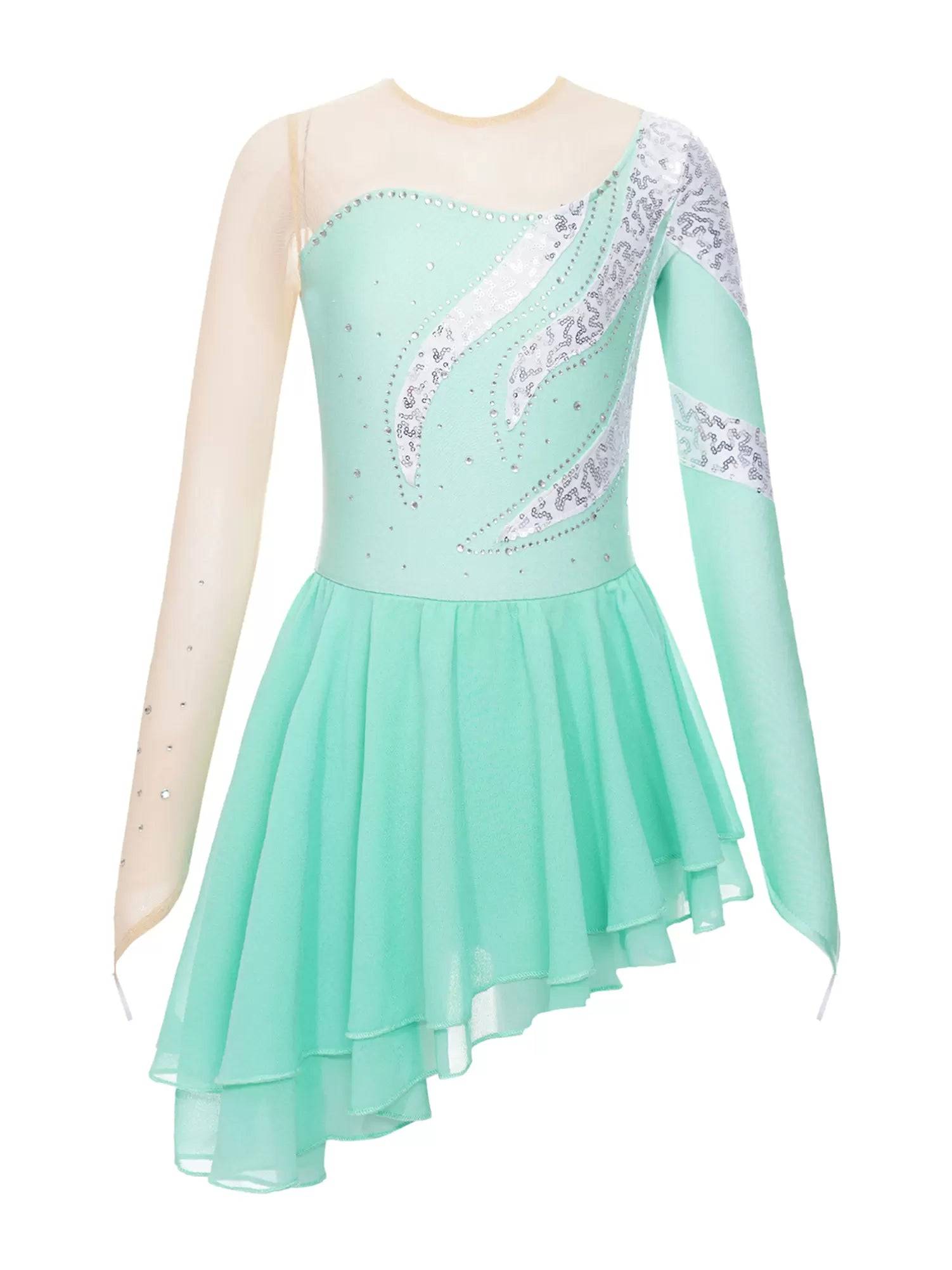 Kids Girls Long Sleeve Sequin Hollow Back Skating Dance Dress