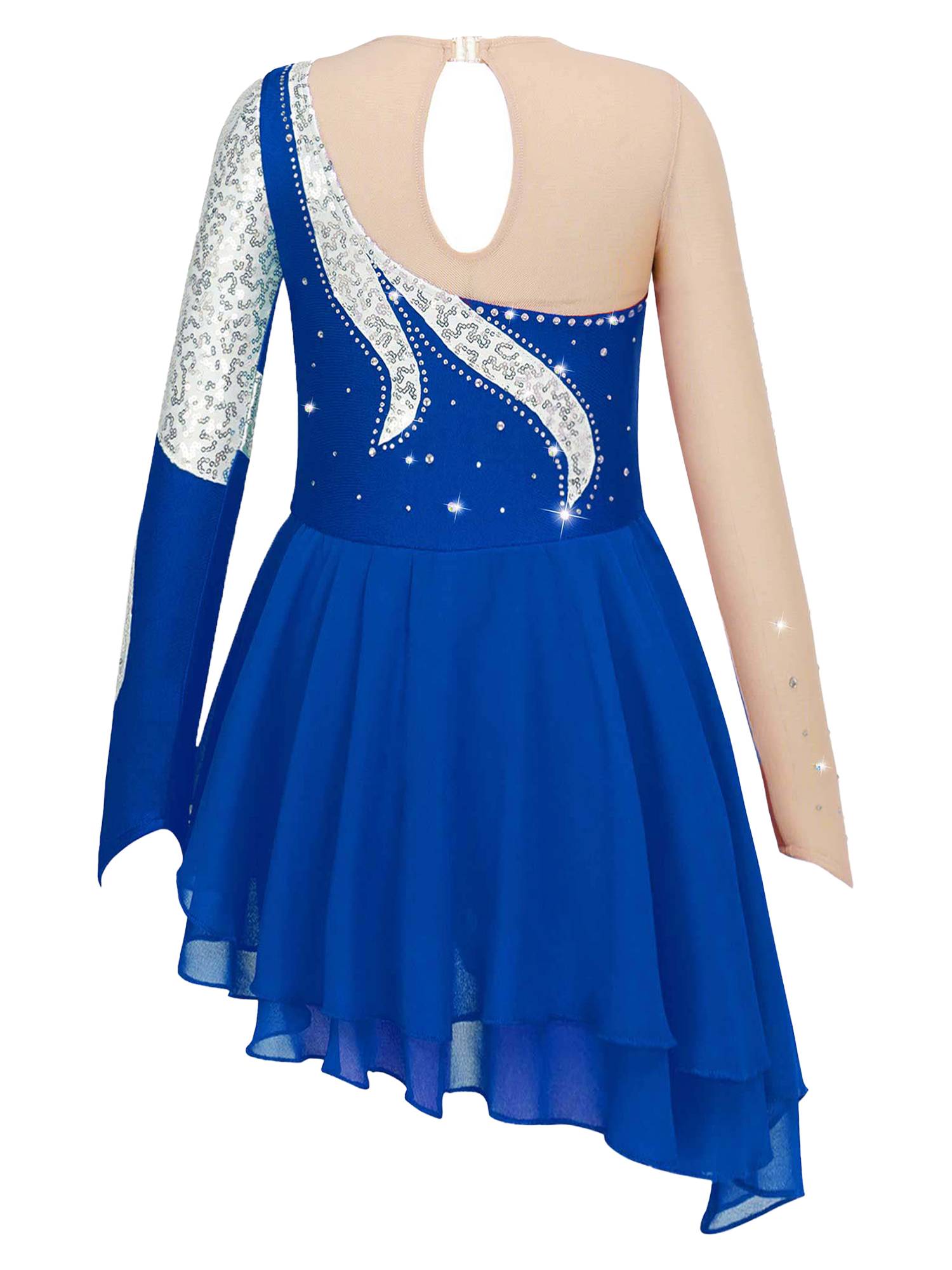 Kids Girls Long Sleeve Sequin Hollow Back Skating Dance Dress
