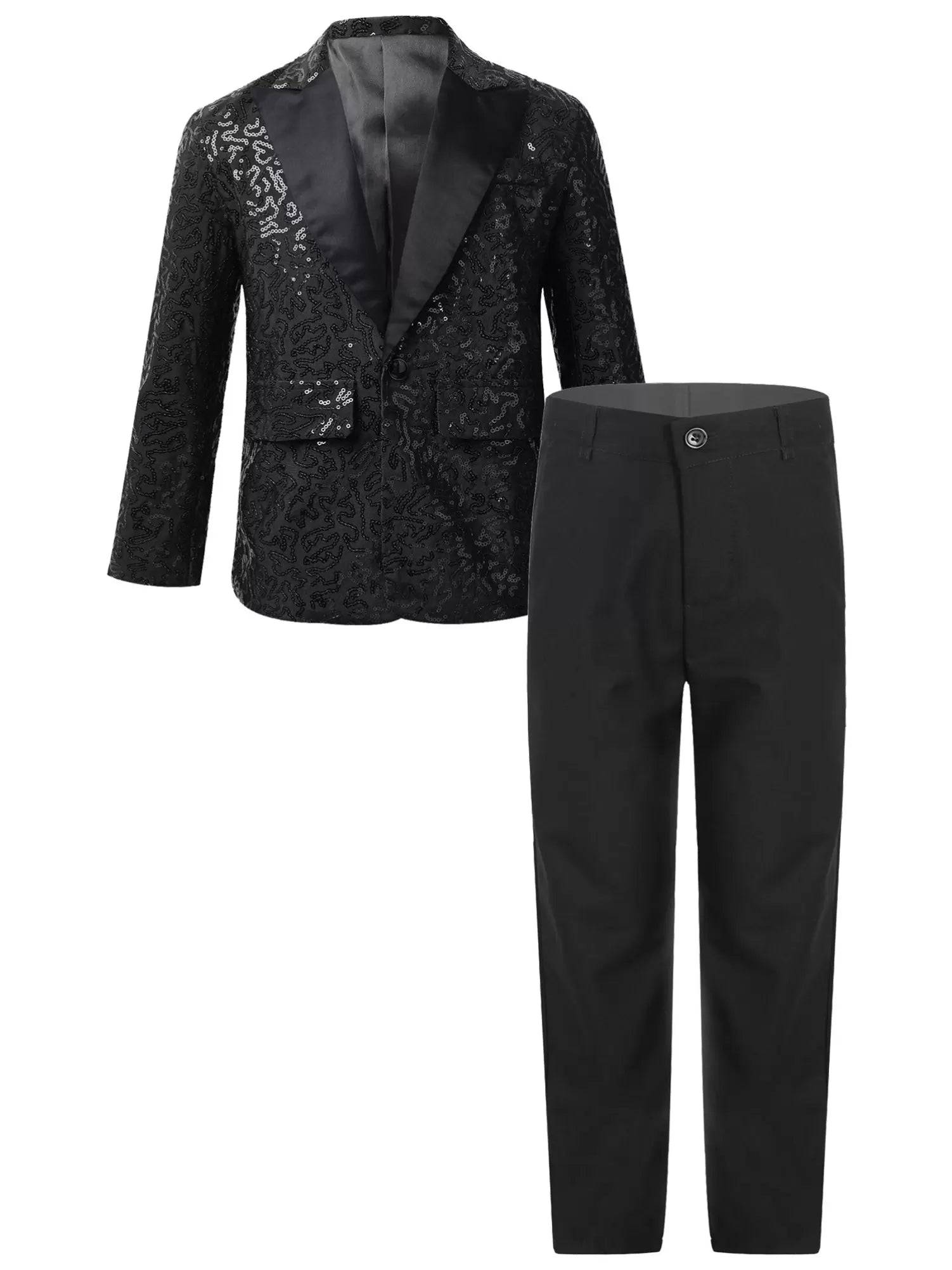 Kids Boys Sequins Lapel Blazer Tuxedo and Pants Formal Suits