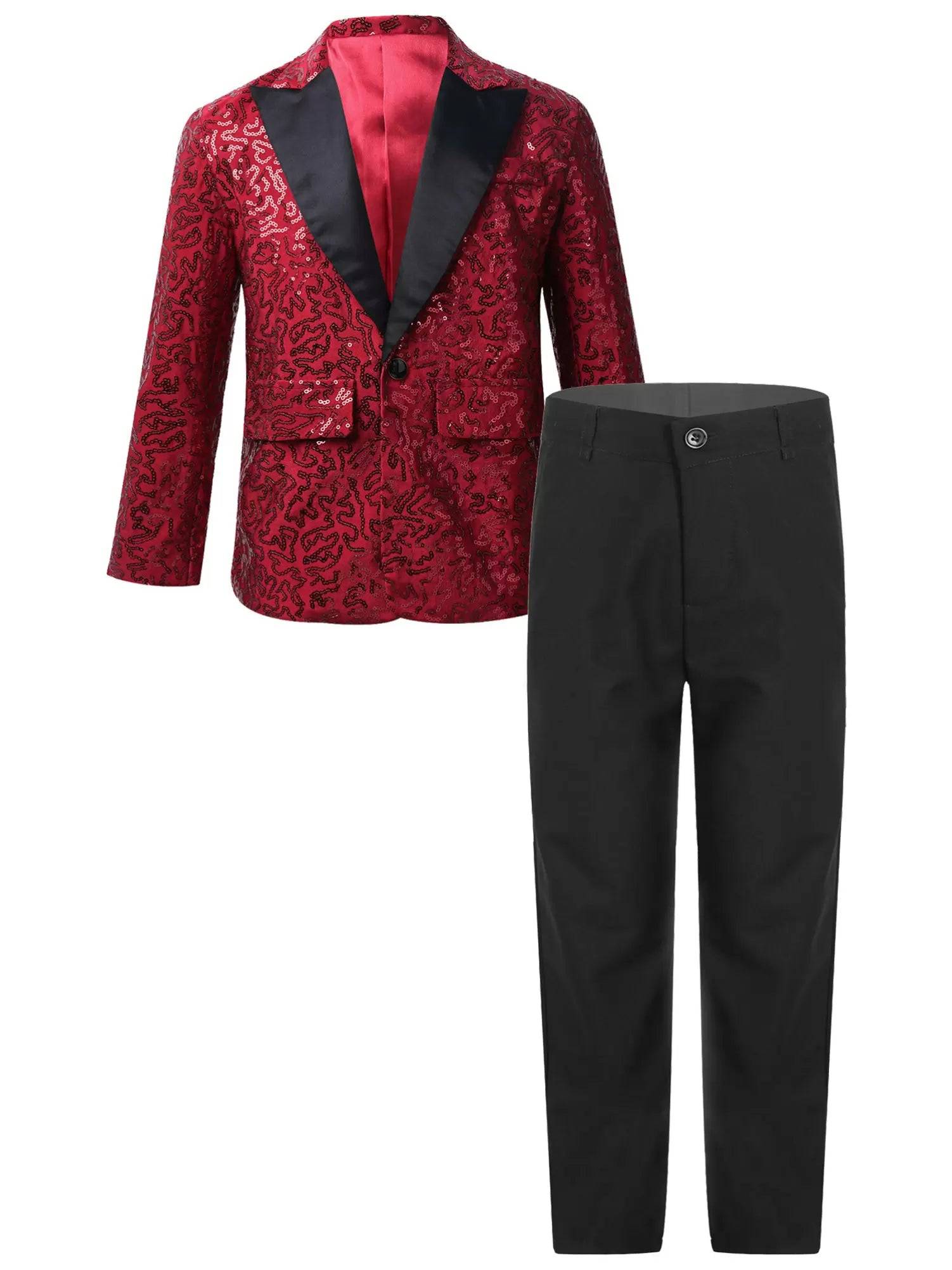 Kids Boys Sequins Lapel Blazer Tuxedo and Pants Formal Suits